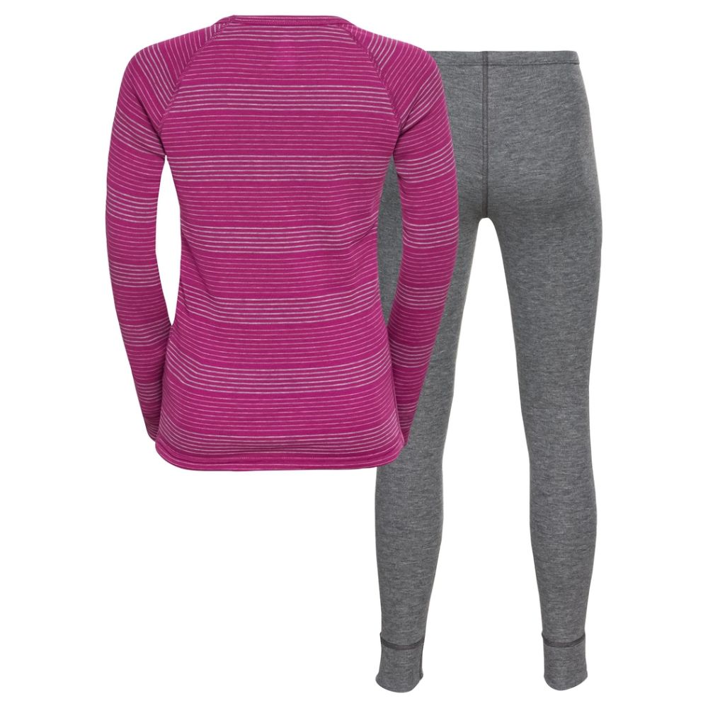 Odlo Kids Base Layer Set - Active Warm Thermal Underwear for Boys & Girls - Steel Grey / Festival Fuchsia - Perfect for Winter Sports, Skiing, and Outdoor Activities