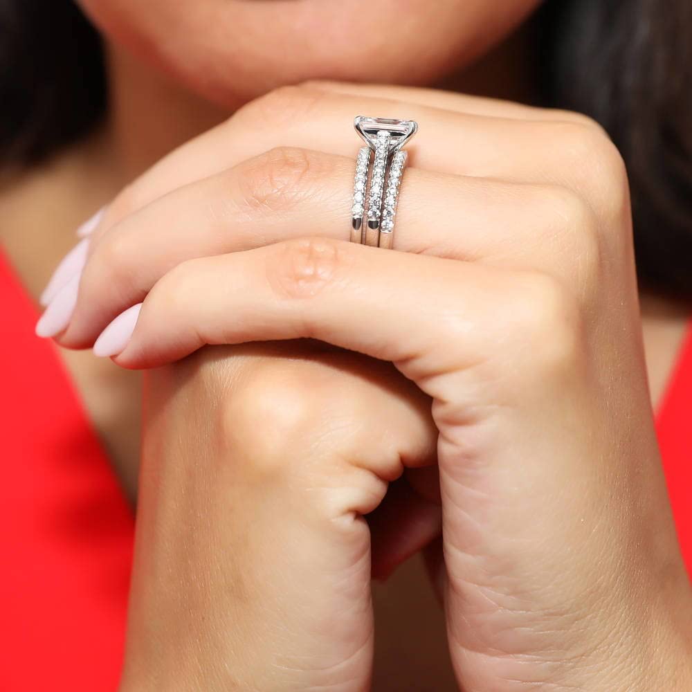 BERRICLE Sterling Silver Solitaire Wedding & Engagement Ring Set - 2.6 Carat Emerald Cut Cubic Zirconia CZ for Women, Rhodium Plated, Size 4-10 - Perfect for Proposals, Anniversaries & Special Occasions