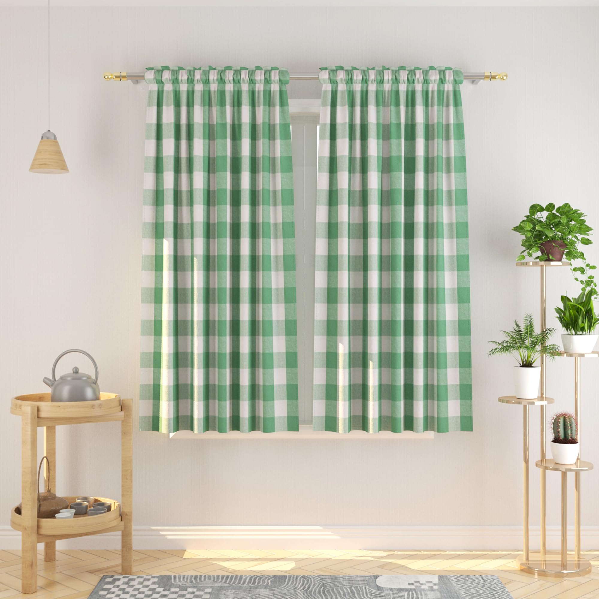 Buffalo Check Curtains 54 Inch Length - Cotton Gingham Plaid Window Drapes in Green & White - Rod Pocket Curtain Panels for Kitchen, Living Room, Bedroom & Basement - Set of 2 Panels - Perfect for Farmhouse, Cottage & Rustic Home Decor