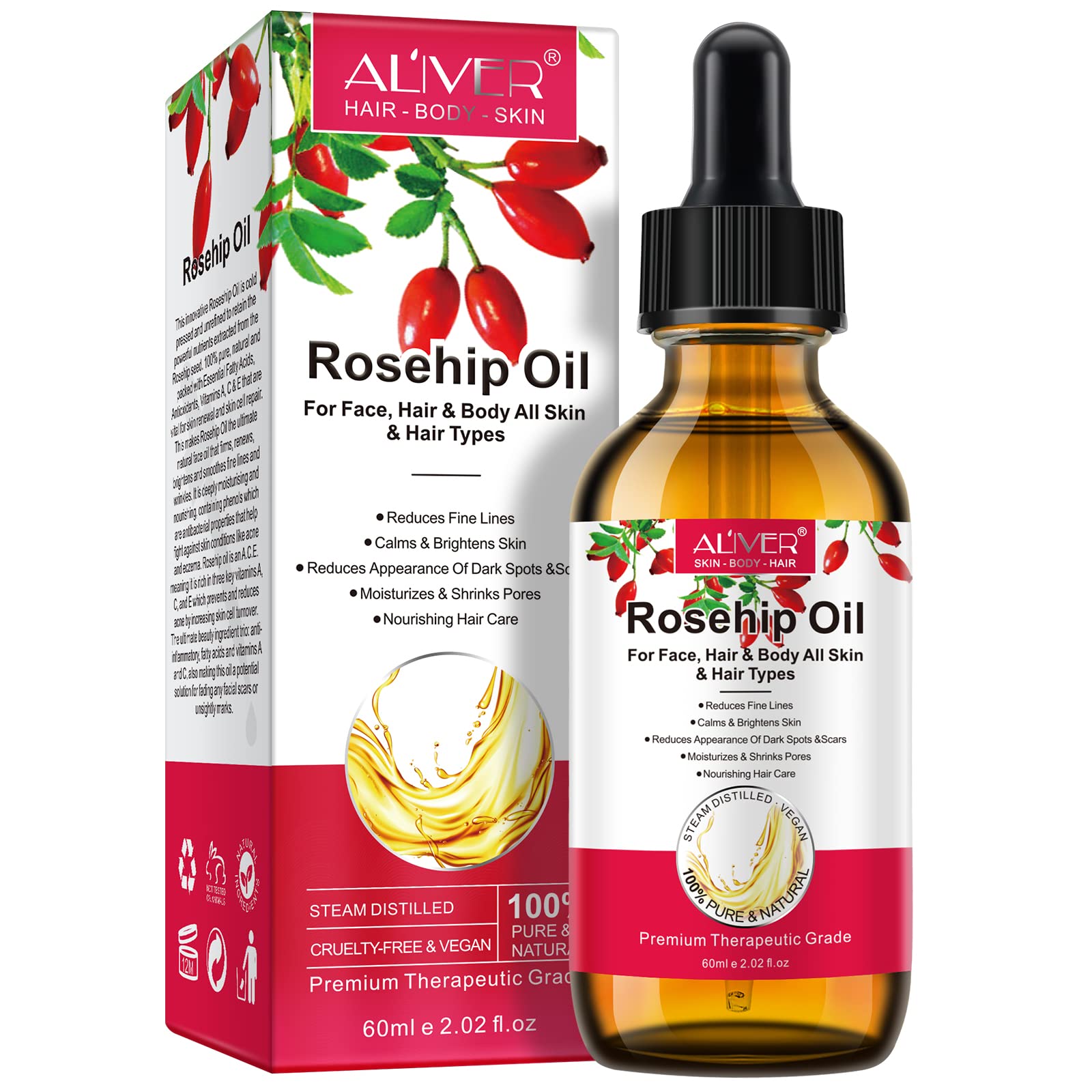 100% Pure Organic Rosehip Seed Oil - 2.02 Oz (60ml) for Face, Skin, Hair & Body Care | Natural Moisturizer & Anti-Aging Treatment | Perfect for Dry Skin, Scars, Wrinkles & Hair Growth