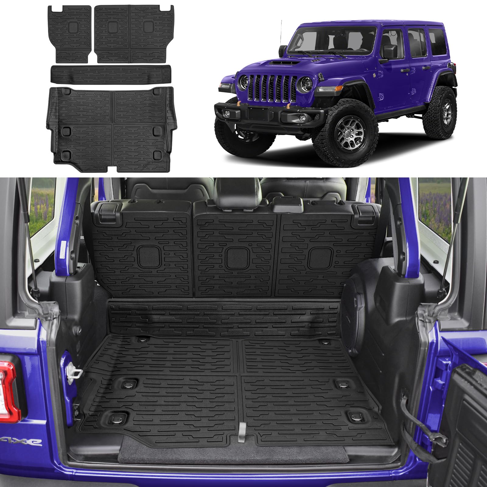 2021-2024 Jeep Wrangler JL 4 Door Unlimited 4XE Cargo Mat with Seat Back Cover - Heavy Duty TPE Trunk Liner & Backrest Protector for Jeep Wrangler JL/JLU Accessories - Perfect for Road Trips, Camping & Outdoor Adventures