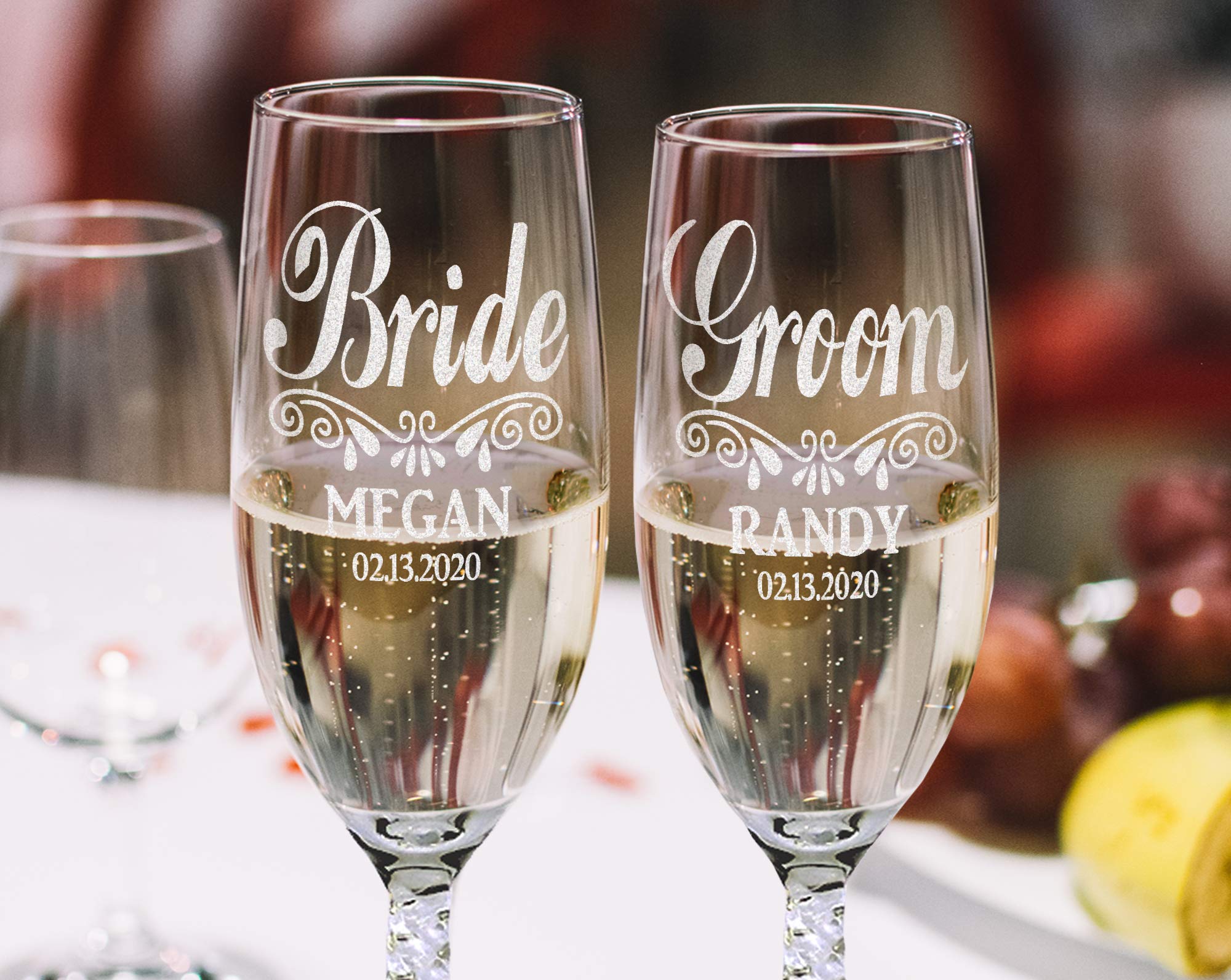 Personalized Wedding Champagne Glasses Set of 2 - Custom Engraved Stemless Flutes for Bride & Groom, Bridal Shower, Anniversary Gifts (55th Year) - Perfect for Wedding Toasts, Romantic Dinners & Anniversary Celebrations