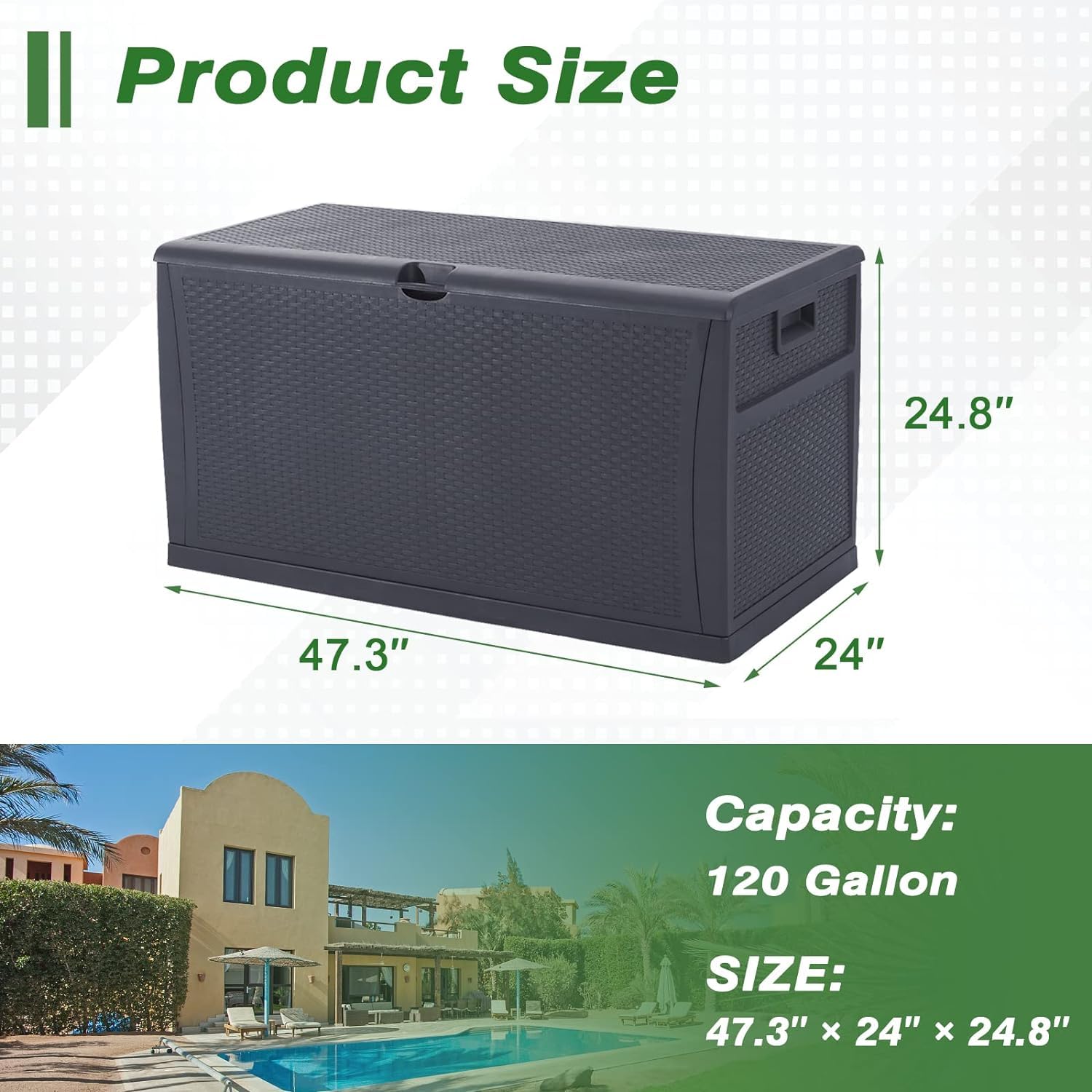120 Gallon Resin Wicker Patio Storage Box - Outdoor Deck Box with Lockable Lid, Waterproof Garden Storage Container for Cushions, Toys & Pool Accessories - Weather-Resistant Grey Design for Backyard, Deck & Patio Organization