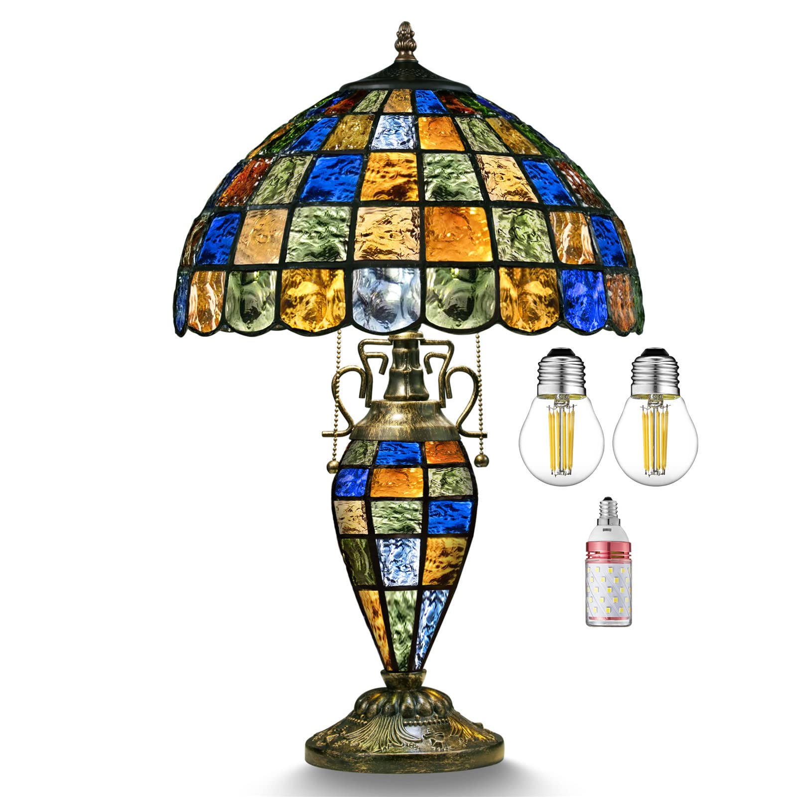 Vintage Tiffany Style Stained Glass Table Lamp - 24 Inch Crystal Checkered Design with 3-Light & Nightlight for Bedroom, Living Room, Bedside Decor (Bulb Included) | Perfect for Cozy Reading Nooks, Romantic Bedroom Ambiance & Elegant Living Room Lighting