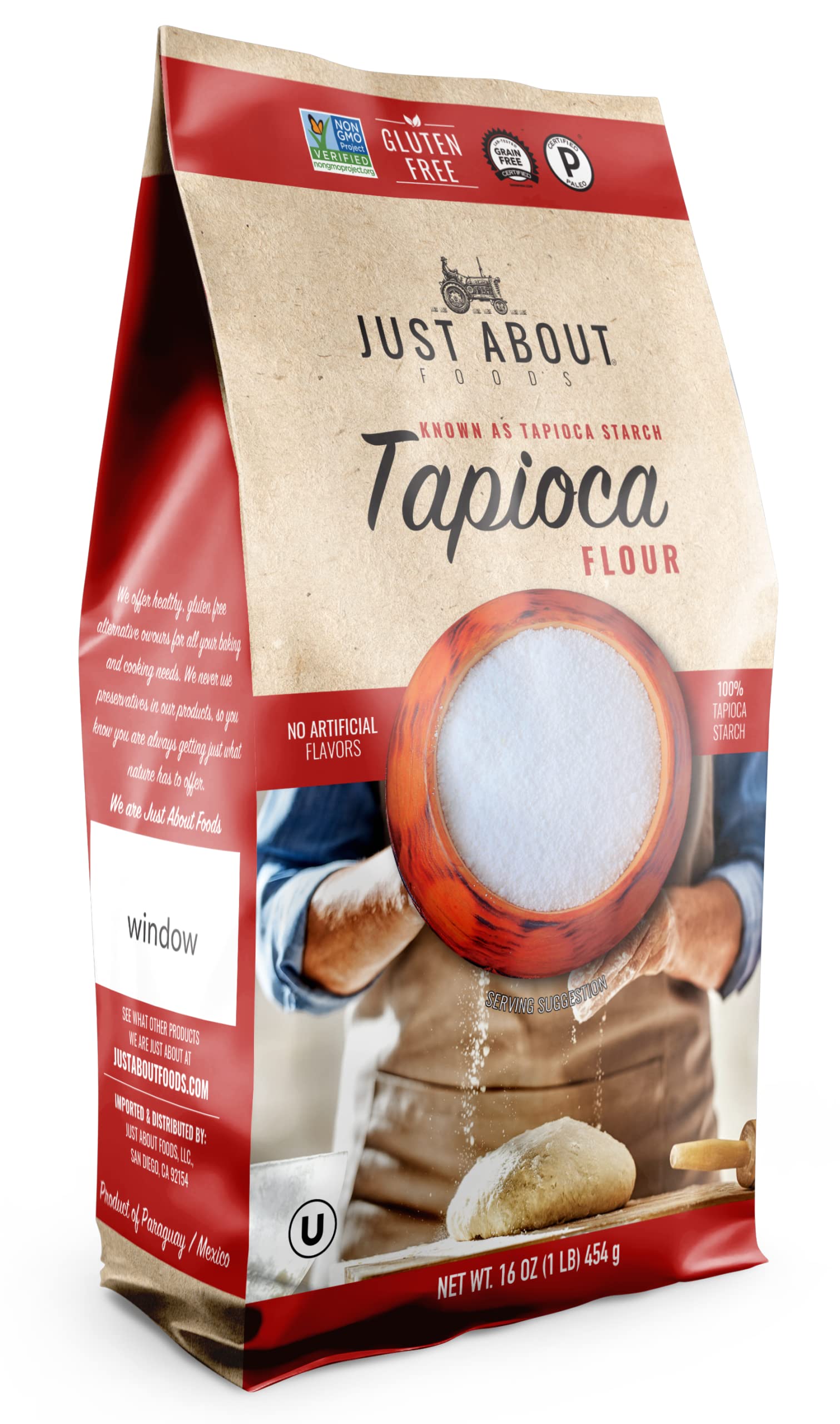 Just About Foods Tapioca Flour 1 lb - Gluten Free, Kosher Certified, No Artificial Flavors - Pack of 2 - Perfect for Baking, Thickening Sauces & Making Bubble Tea