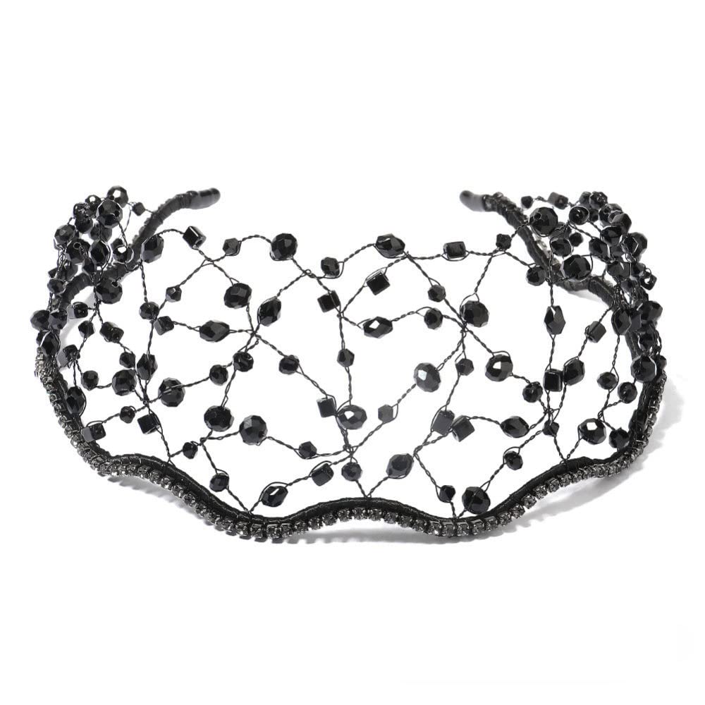 Vintage Hand-Woven Crystal Black Headpiece for Women | YURT Crown Hair Accessory | Elegant Princess Tiara & Headband for Brides, Weddings, Pageants, Birthdays & Prom | Perfect for Special Occasions & Photo Shoots