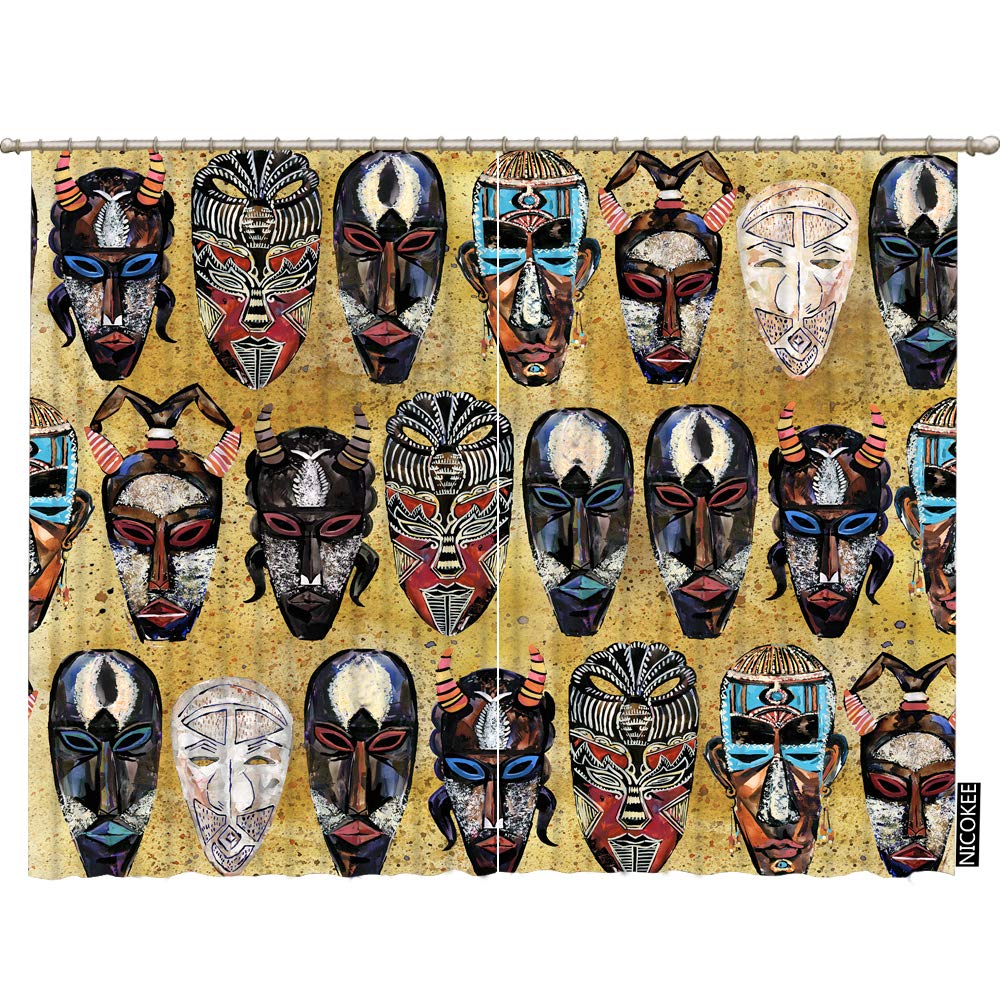 Hand-Painted African Tribal Mask Window Curtains - Ethnic Totem Design in Yellow | 2 Panels for Bedroom, Living Room & Dining Room | Perfect for Boho Decor, Cultural Themed Spaces & Unique Home Accents