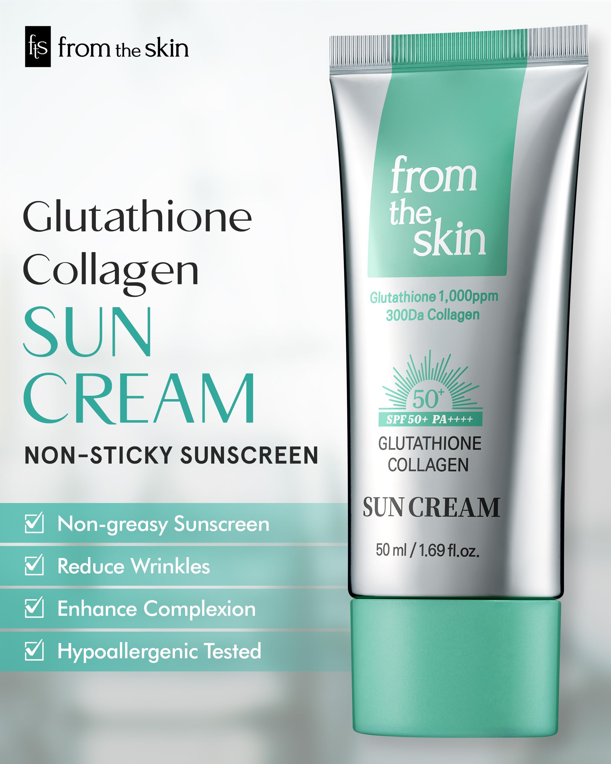 Glutathione Collagen Sun Cream SPF 50+ PA++++ - Hydrating Hypoallergenic Sunscreen Moisturizer for Radiant Skin & Wrinkle Care - Non-Greasy Silky Finish 1.69oz - Perfect for Daily Sun Protection & Anti-Aging Skincare Routine
