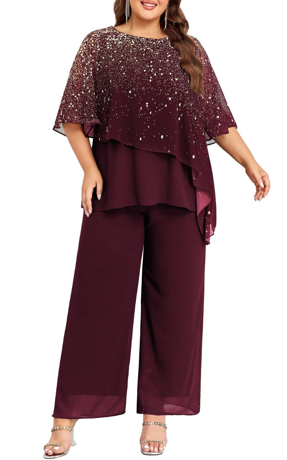 2024 Plus Size Mother of Bride Pant Suits 2-Piece Set - Elegant Ruffle Layers & Gradient Chiffon Outfit for Wedding Guest (Available in Sizes 14-28) | Perfect for Weddings, Parties & Special Occasions