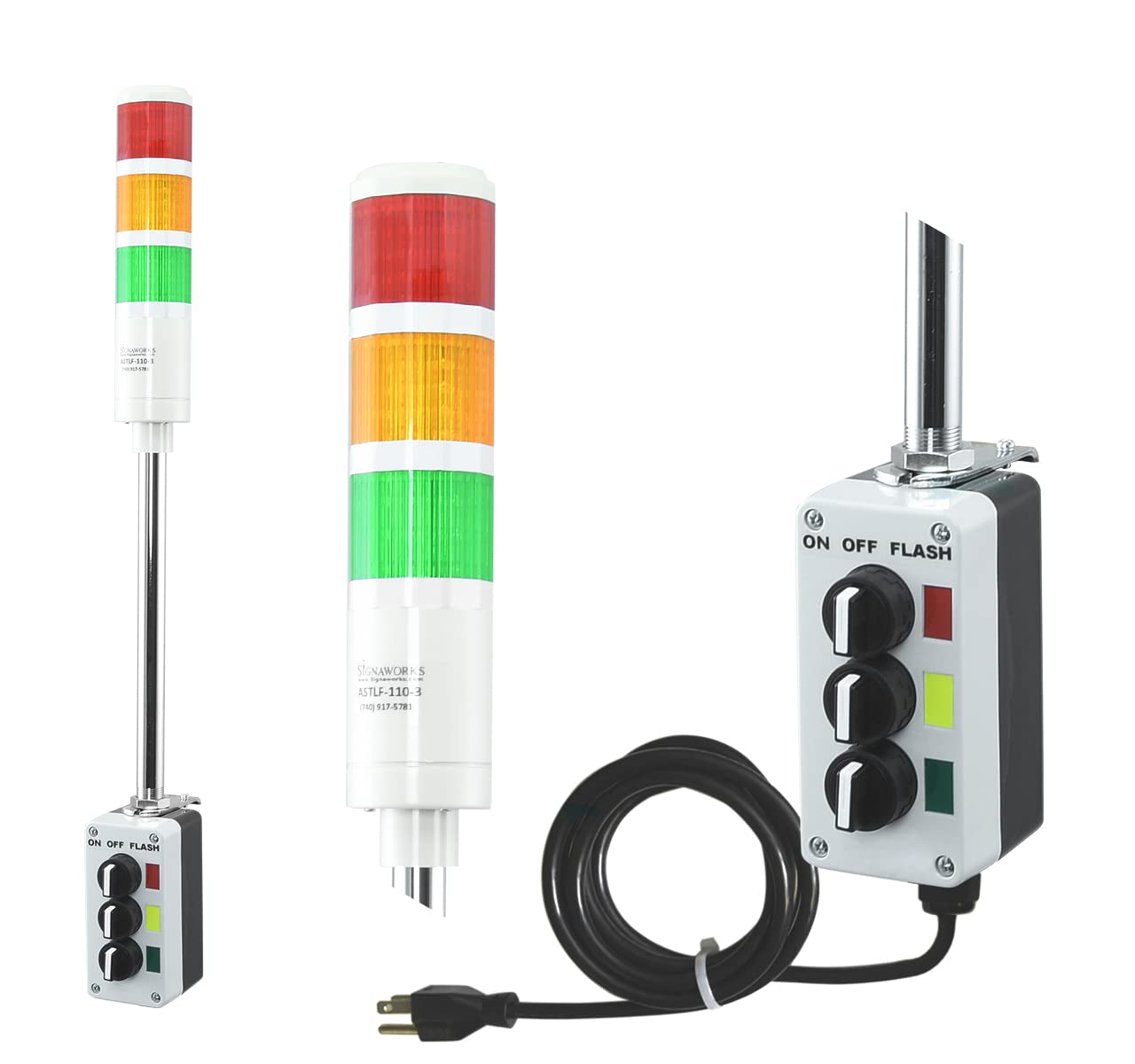 Signaworks 3 Stack Super Bright LED Andon Tower Light - Red/Amber/Green with 8ft Power Cord | OSHA Compliant 3-Prong Plug | Plug & Play Ready for Factory, Warehouse & Production Line Visual Alerts | Made in USA