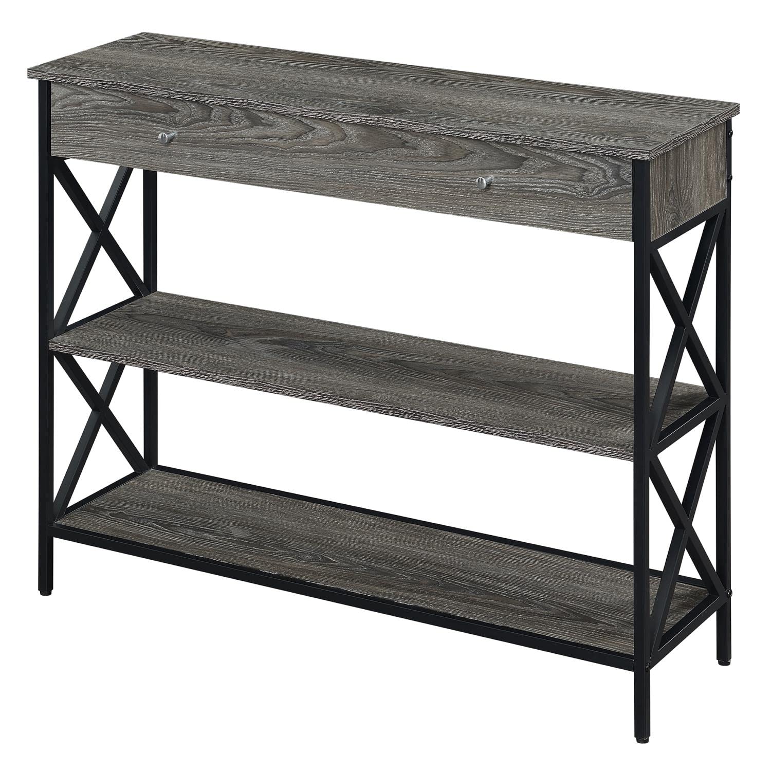 Convenience Concepts Tucson 1-Drawer Console Table with Shelves - Weathered Gray/Black Entryway Table for Hallway, Living Room & Bedroom Organization