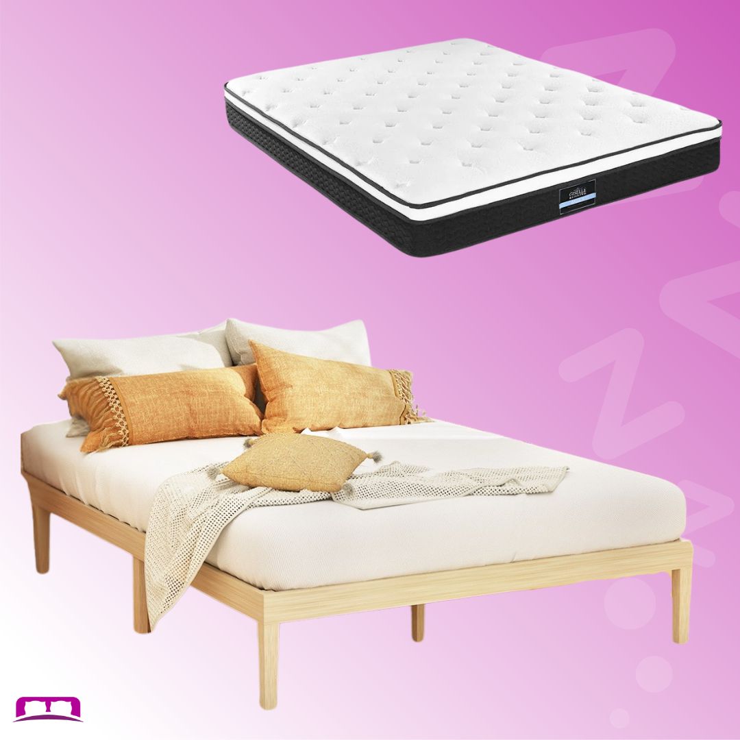 Bruno Minimalist Solid Pinewood Bed Frame & Bonita Pillow Top Mattress Set - Medium Firm Queen Size | Eco-Friendly Wooden Bed Frame with Comfortable Hybrid Mattress | Perfect for Master Bedroom, Guest Room & Small Space