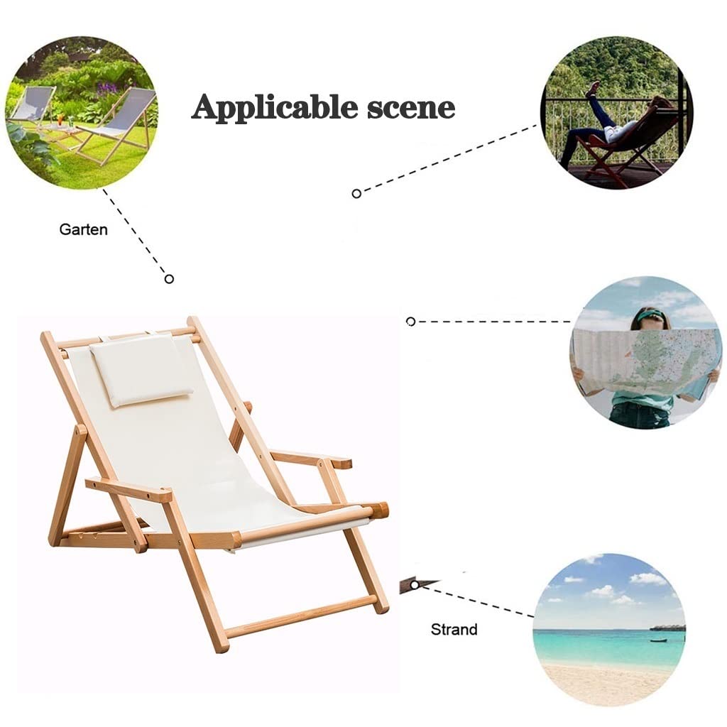 LEIYAN Outdoor Beach Sling Chair - Adjustable Wooden Deck Lounger with Canvas & Armrests - Ergonomic Folding Patio Chair for Garden, Balcony, Poolside - Perfect for Relaxing in White