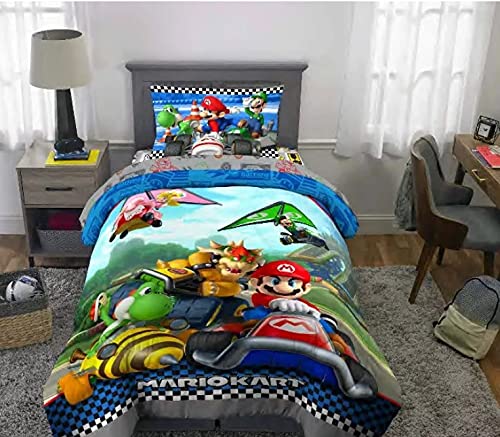 Super Mario Kart Boys 5-Piece Comforter & Sheet Set - Full Size Bed in a Bag with Adventure Bag, Blue | Kids Bedding for Mario Fans | Perfect for Bedrooms, Sleepovers & Themed Rooms