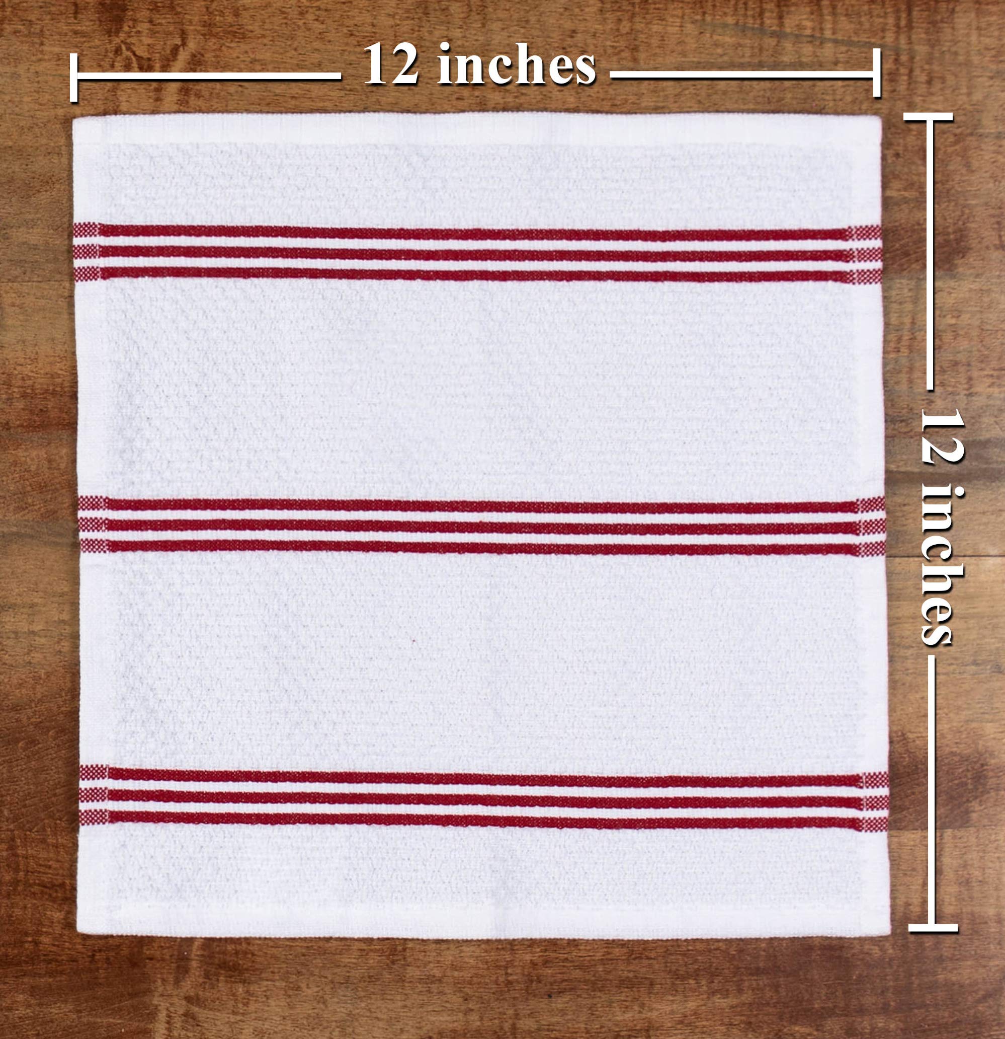 Premium 100% Cotton Kitchen Towels Set of 8 - Absorbent Dish Cloths & Tea Towels (12x12 Inch) | OEKO-TEX Certified, Reusable Cleaning Cloths in Red & White | Perfect for Dish Drying, Counter Cleaning & Kitchen Decor