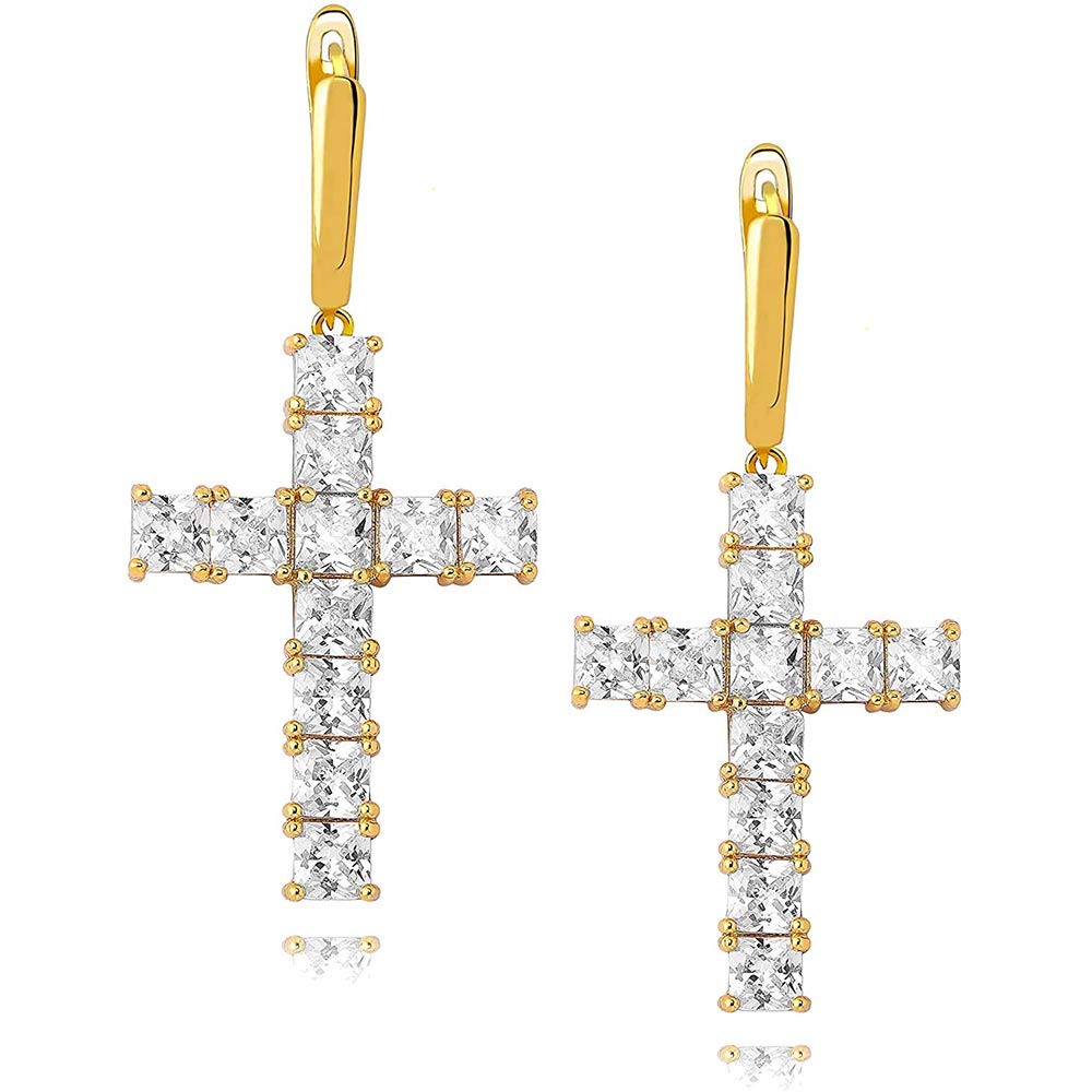 Iced Out 18K Gold Plated Dangle Cross Huggie Hoop Earrings for Men & Women - Princess Diamond Hinged Earrings for Parties, Weddings & Everyday Wear