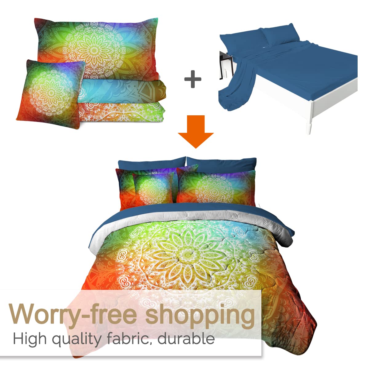 BlessLiving Mandala Twin Bedding Sets - Bohemian 8-Piece Bed in a Bag with Comforter & Sheets (Twin, Neon Green/Red/Blue) | Perfect for Boho Bedroom Decor, Dorm Room Essentials & Hippie Style Home
