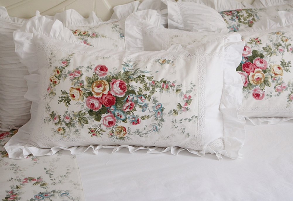 100% Cotton White Duvet Cover Set with Ruffle Frill & Flower Design - 4pc Queen Size Bedding for Master Bedroom & Guest Room Decor