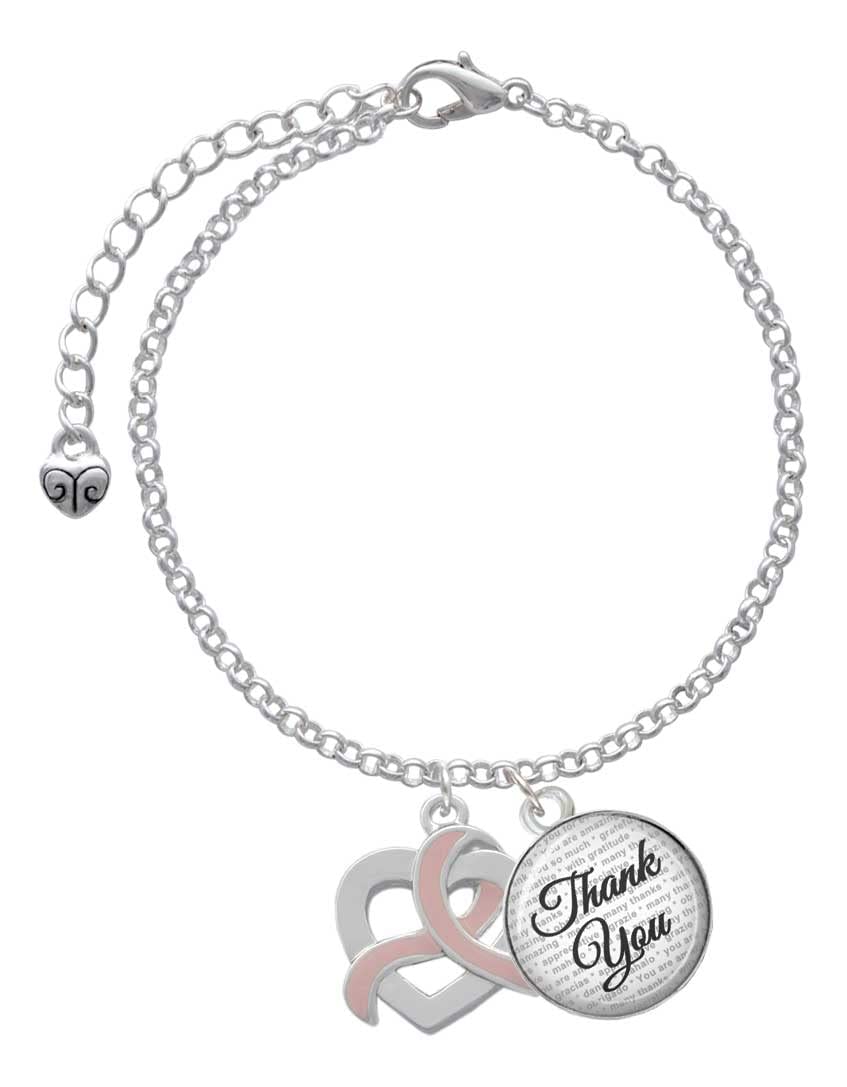 Delicate Heart Outline Charm Bracelet with Pink Ribbon - Adjustable 6