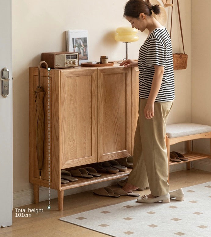 Solid Oak Wood Shoe Storage Cabinet with Bench - Entryway Shoe Organizer for Hallway, Living Room & Bedroom - Perfect for Changing Shoes & Organizing Footwear