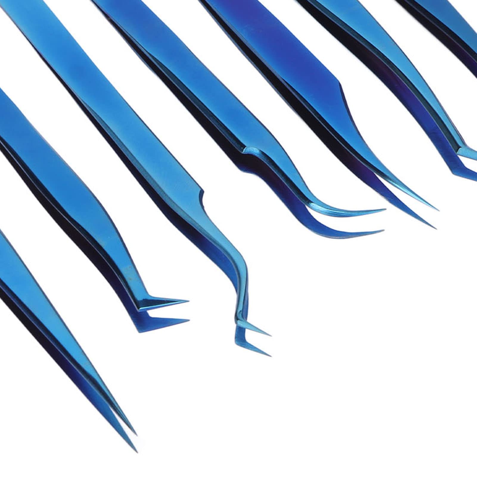 8 Pcs Professional Eyelash Extension Tweezers Set - Stainless Steel Straight & Curved Tweezers for Precision Lash Application - Women's Beauty Tools (Blue) - Perfect for Salon & Home Use