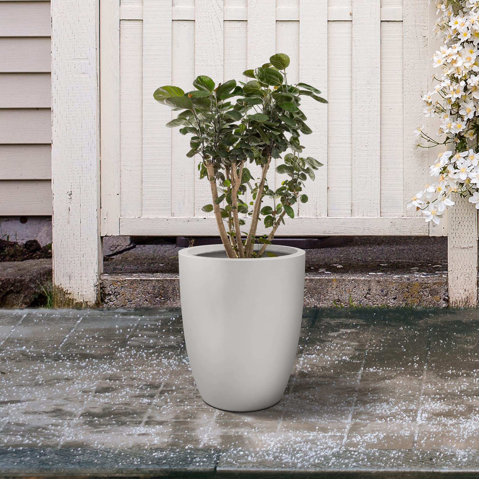 18.1 Inch Tall Modern Round Concrete Planter - Indoor Outdoor Decorative Flower Pot with Drainage Hole & Rubber Plug - Pure White Home Garden Decor for Patio, Balcony & Living Room