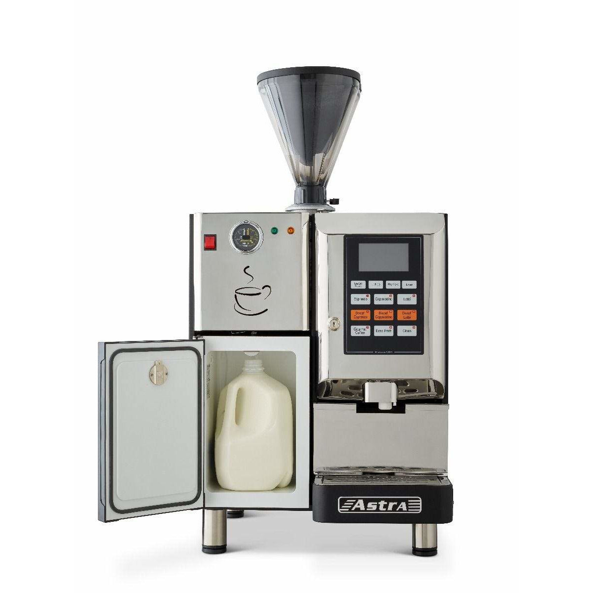 Premium Astra Super Automatic Commercial Espresso Machine with Single Hopper & Built-in Refrigerator - Perfect for Coffee Shops, Restaurants & Offices