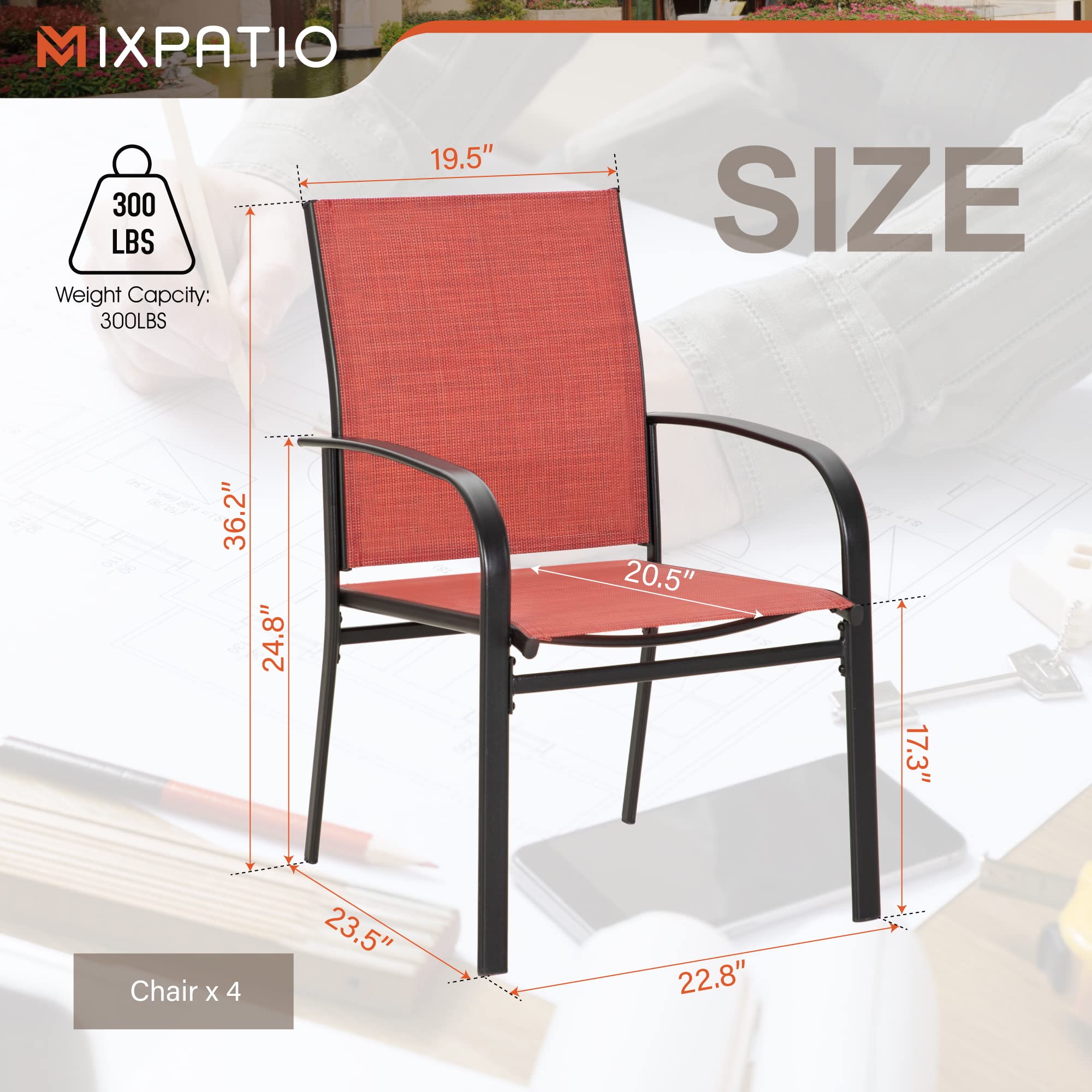 4-Piece Red Textilene Patio Dining Chairs Set with Armrests - Outdoor Furniture for Backyard, Deck, Poolside & Garden Dining