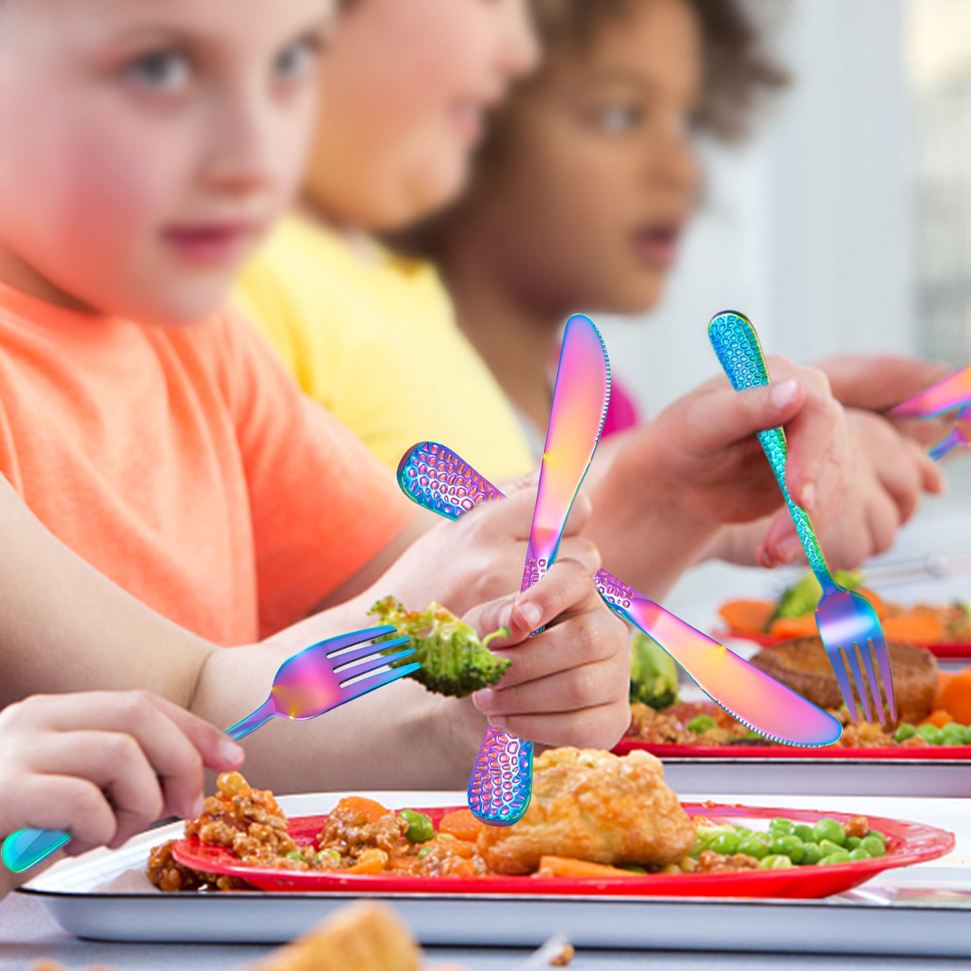 12-Piece Rainbow Kids Silverware Set - Stainless Steel Toddler Utensils with Hammered Design | Dishwasher Safe Cutlery Set for Preschoolers | Includes Knives, Forks & Spoons | Perfect for Birthday Gifts, School Lunches & Family Dining