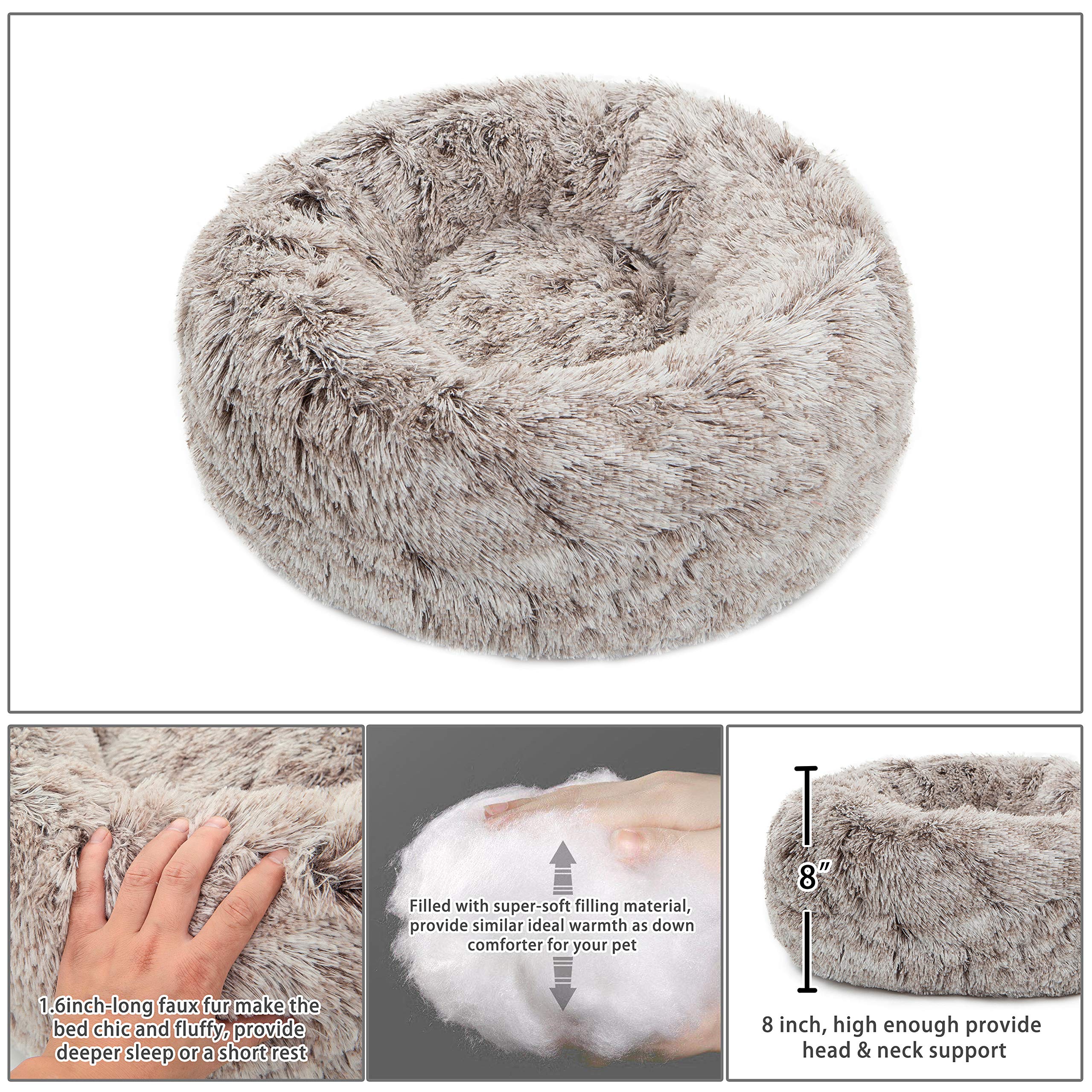 Calming Donut Dog Bed Large - Plush Round Anti-Anxiety Pet Bed for Dogs & Cats, Soft Faux Fur Marshmallow Cuddler Cushion (28 Inches, Brown) - Perfect for Anxious Pets, Crate Training & Cozy Napping Spots