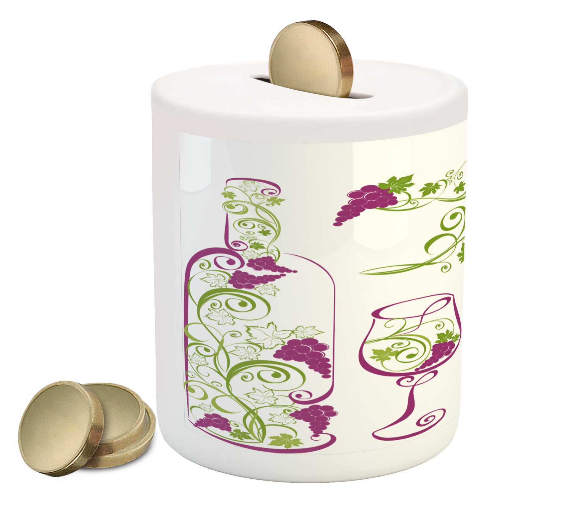 Ambesonne Ceramic Piggy Bank - Wine Bottle & Glass Design with Grapevines Lettering, Swirled Branches Lines - Purple, Lime Green & White Coin Bank for Cash Savings | Perfect Gift for Wine Lovers, Housewarming & Birthday Presents