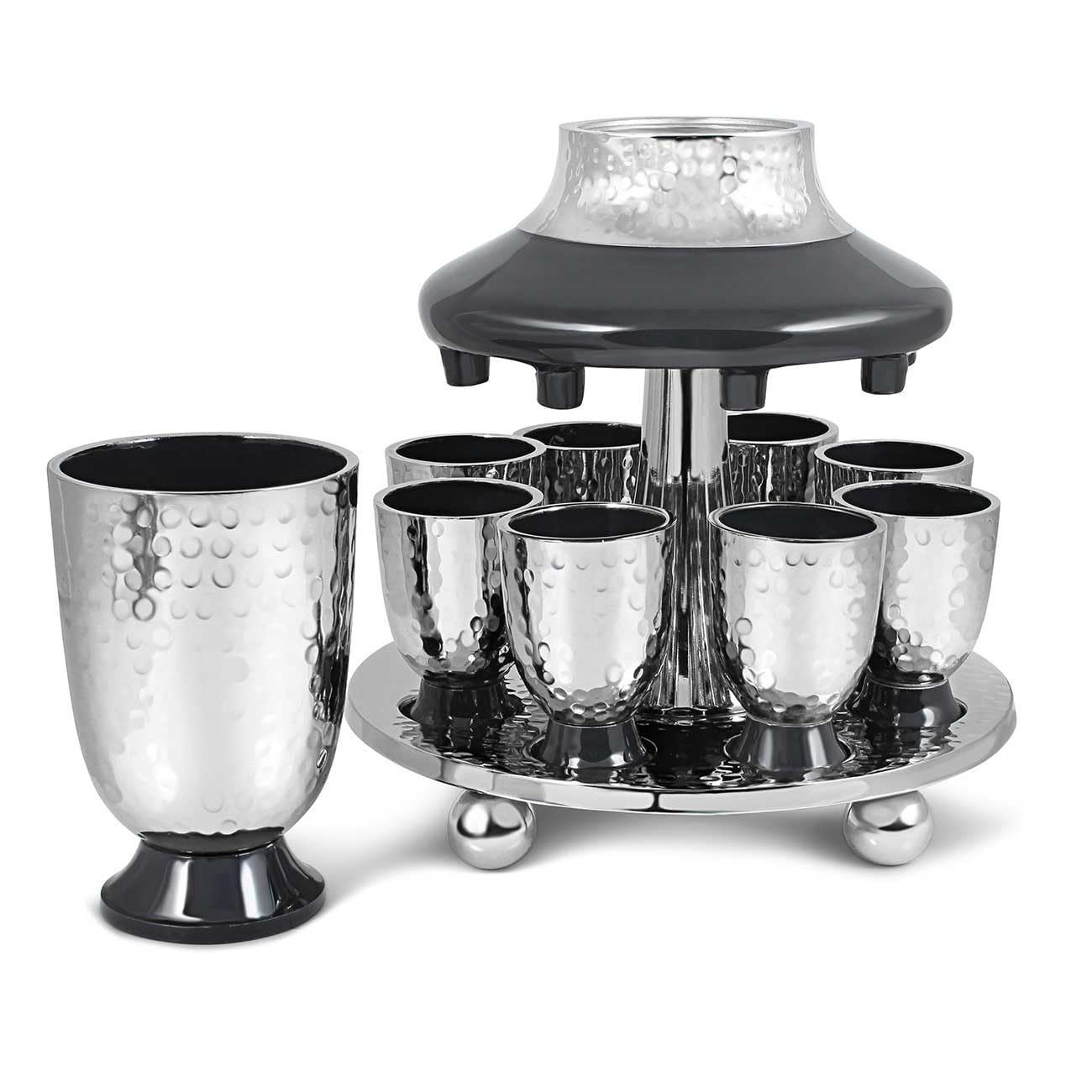 Elegant Hammered Metal Kiddush Cup Wine Fountain Set with Enamel Detailing - Large Goblet & 8 Matching Shot Cups - Perfect for Shabbat, Passover, Jewish Holidays & Wedding Gifts - Zion Judaica Grey Judaica Set for Home Celebrations & Religious Ceremonies