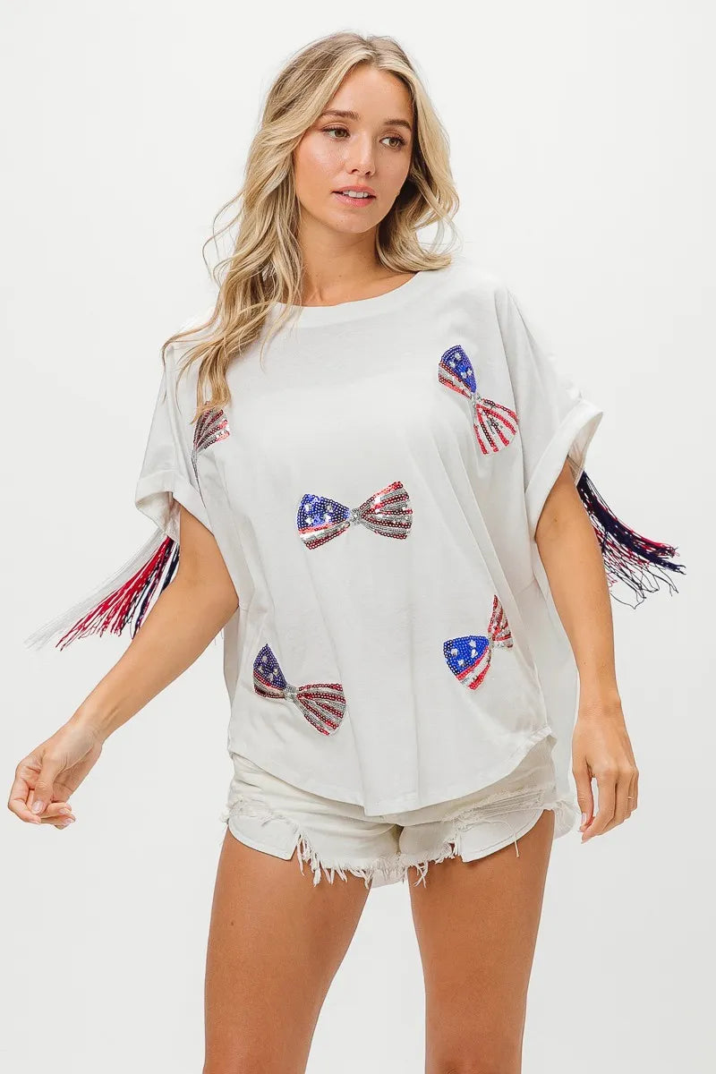 BiBi Patriotic American Flag Sequin Ribbon T-Shirt - Stylish USA Pride Top for Women, Perfect for 4th of July, Memorial Day & Independence Day Celebrations