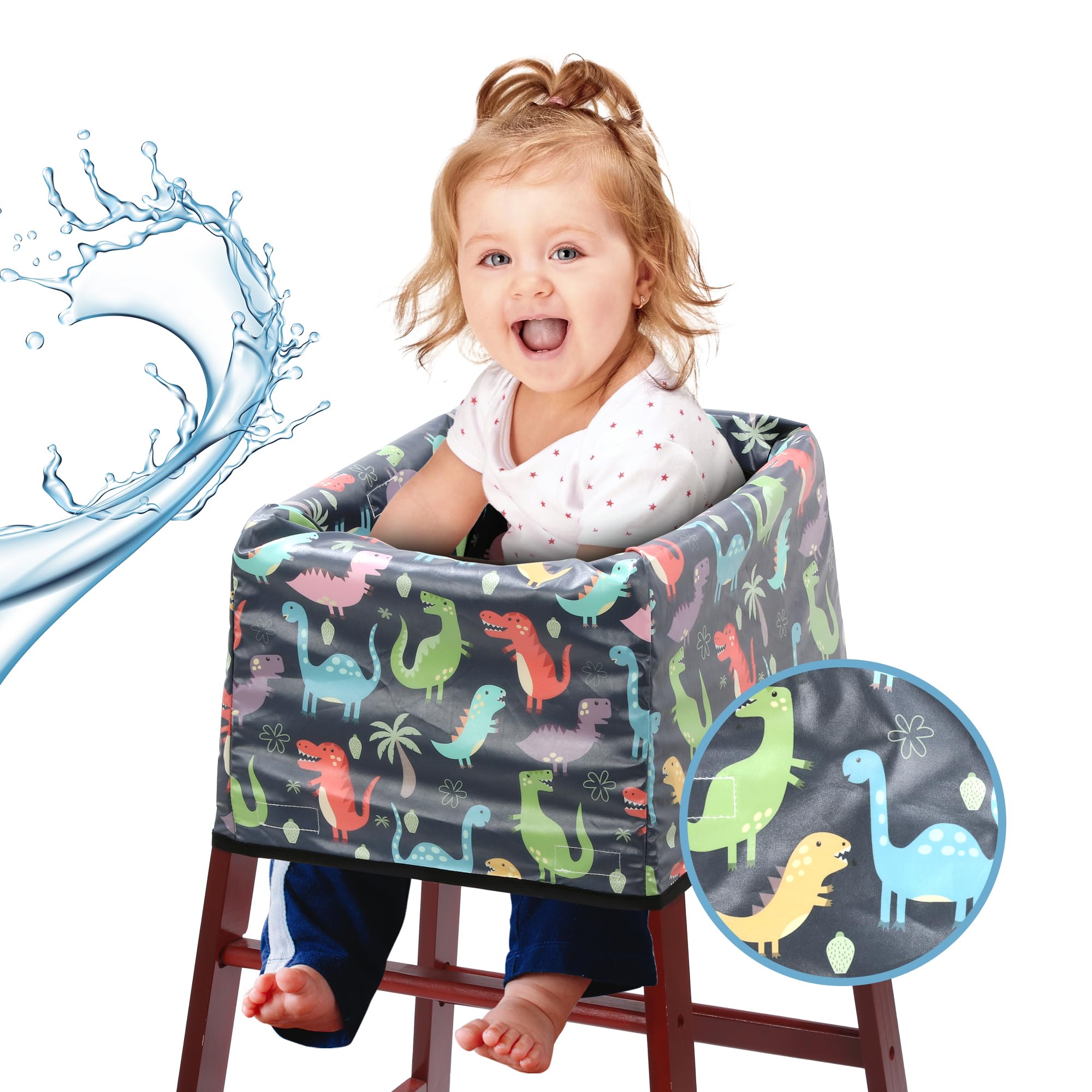 BALAPET Reusable 100% Waterproof High Chair Cover - Dinosaur Baby Chair Protector for Wooden & Restaurant Chairs - Mess Proof Dining Solution - Navy Blue - Perfect for Restaurants, Daycares & Family Meals