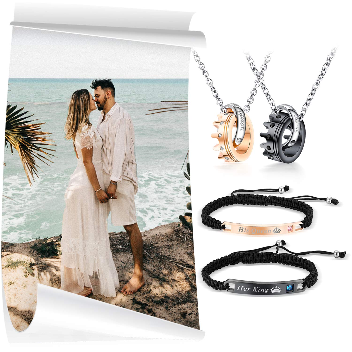 OIDEA Stainless Steel His Queen and Her King Matching Couples Jewelry Sets - Crown Bracelets & Necklace for Christmas, Valentine's Day, Anniversary Gifts - Elegant Gift Box Included - Perfect for Romantic Dates, Proposals, and Wedding Accessories