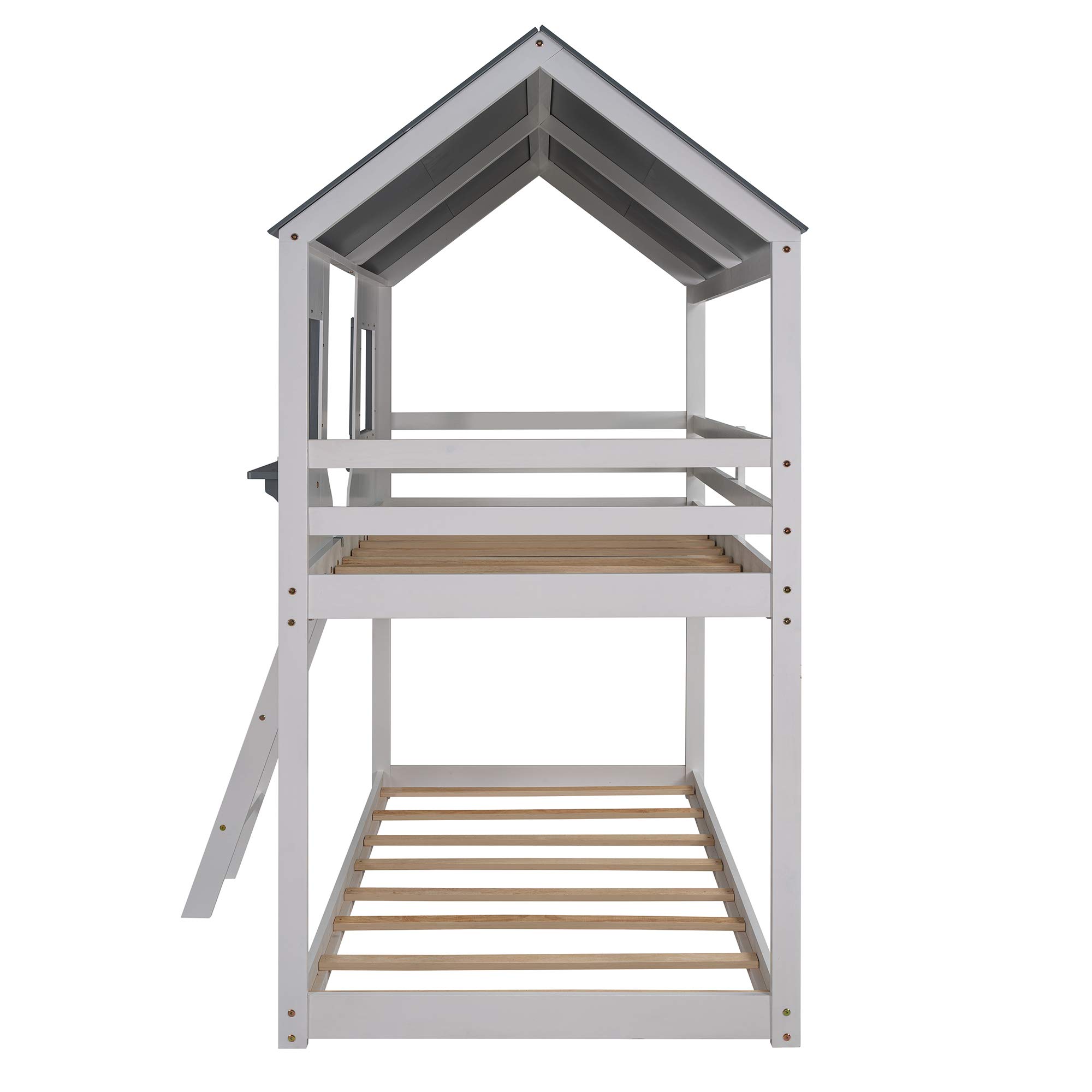 Danxee Twin Over Twin Wooden Bunk Beds with Playhouse Roof, Safety Guardrail & Ladder - Kids Bunk Bed for Boys & Girls - Easy Assembly (White) - Perfect for Bedrooms, Playrooms & Small Spaces