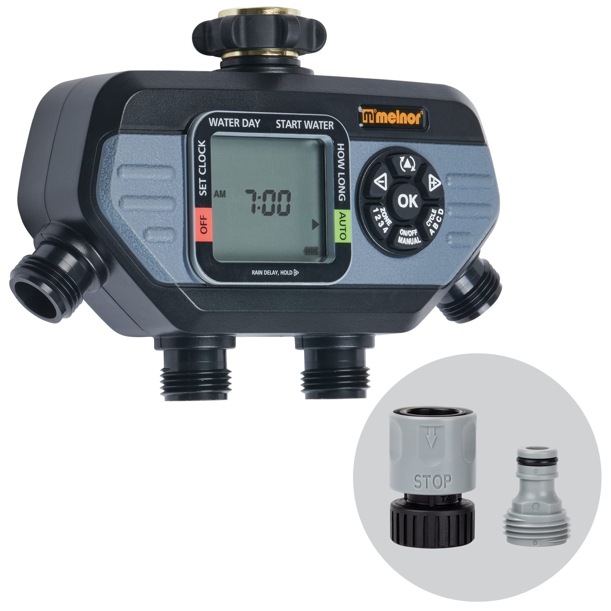 Melnor 65141AMZ 4-Zone Digital Water Timer - Automatic Garden Irrigation System for Lawns & Plants (Grey & Black) | Perfect for Sprinklers, Drip Irrigation & Outdoor Watering