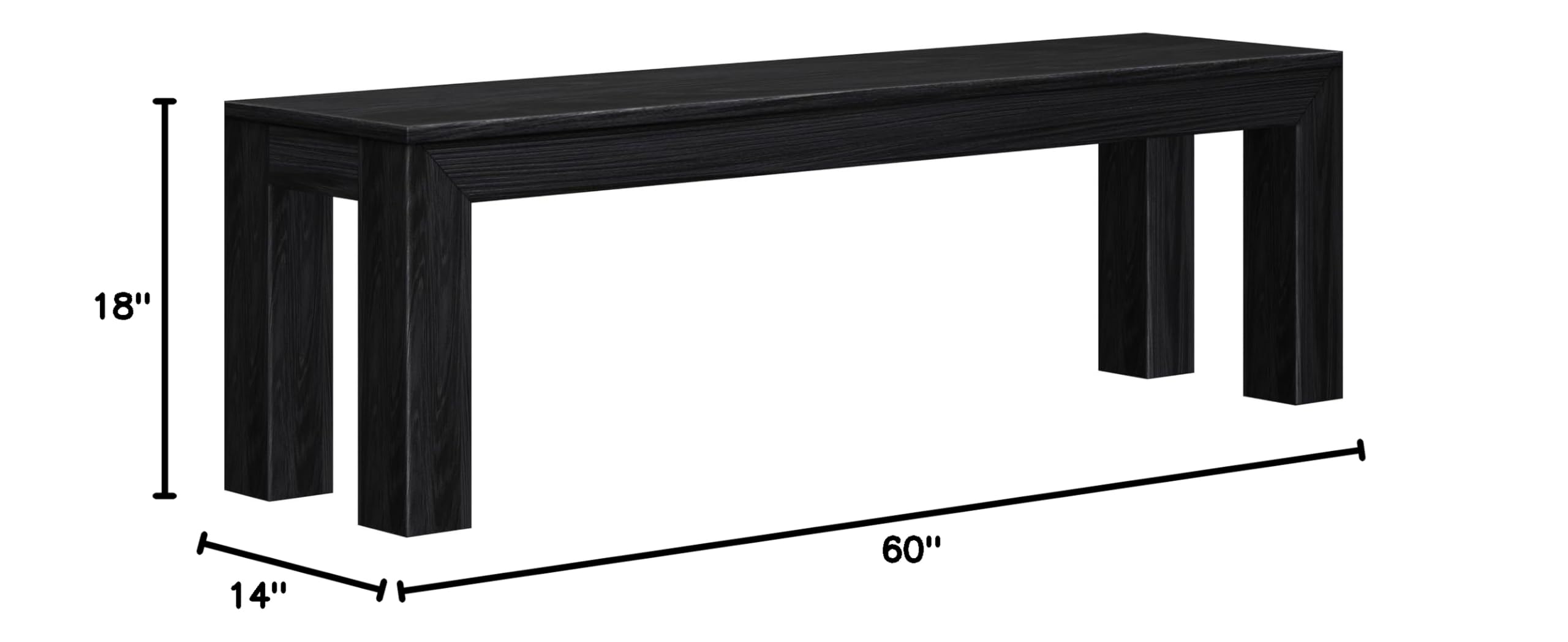 60 Inch Solid Wood Dining Bench for Kitchen & Dining Room - Black Wirebrush Finish - Fits 72 Inch Tables - Indoor/Outdoor Entryway & Patio Seating