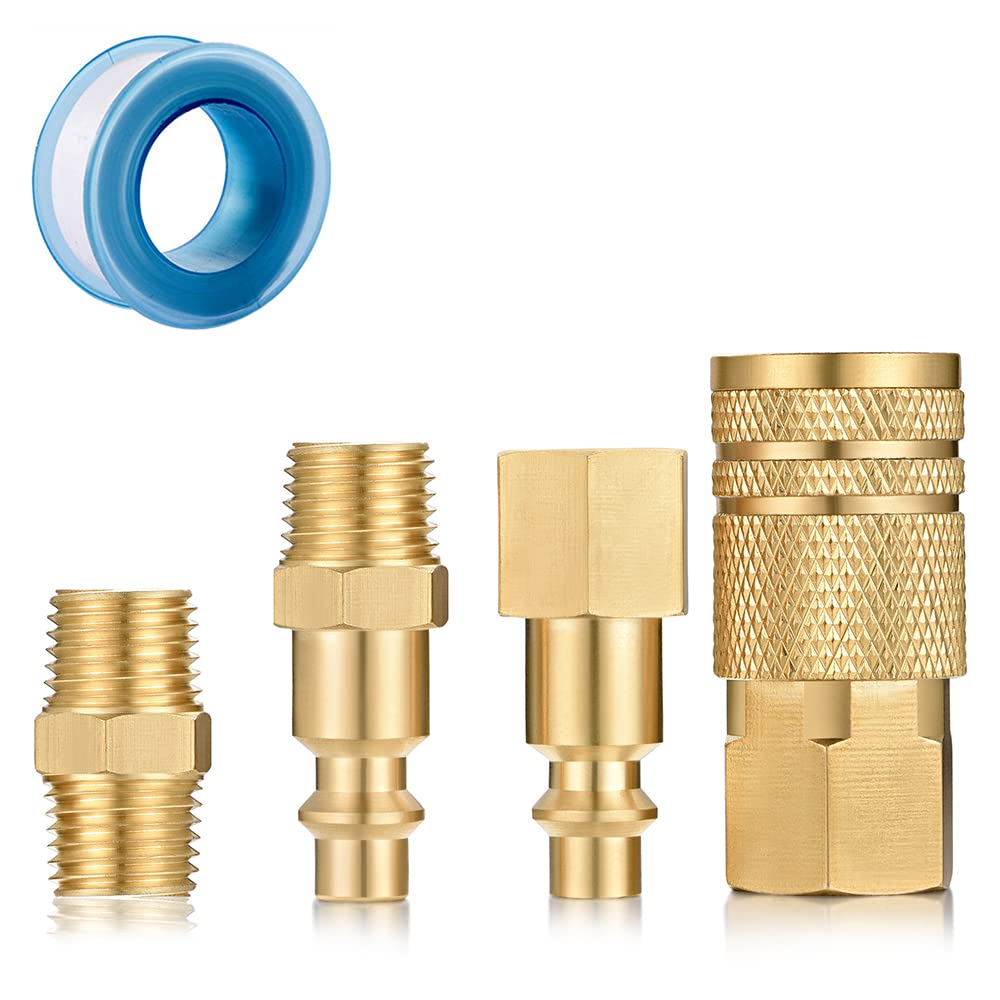 1/4 Inch NPT Industrial Brass Air Coupler and Plug Kit - 4-Piece Quick Connect Air Hose Fittings for Pneumatic Tools, Compressors & Air Systems | Perfect for Workshops, Garages & Industrial Applications