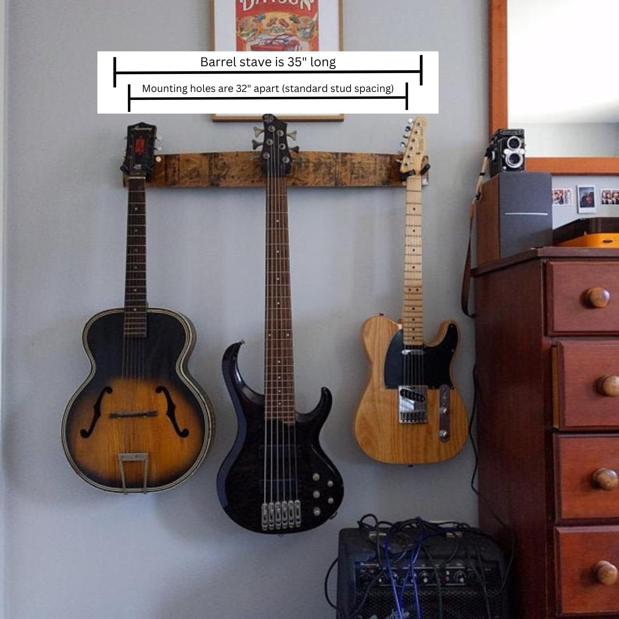 Coyle Woodworks Whiskey Barrel Stave 3-Instrument Wall Mount - Guitar, Ukulele, Violin, Banjo Hanger with Natural Finish | Perfect for Home, Studio & Bar Decor