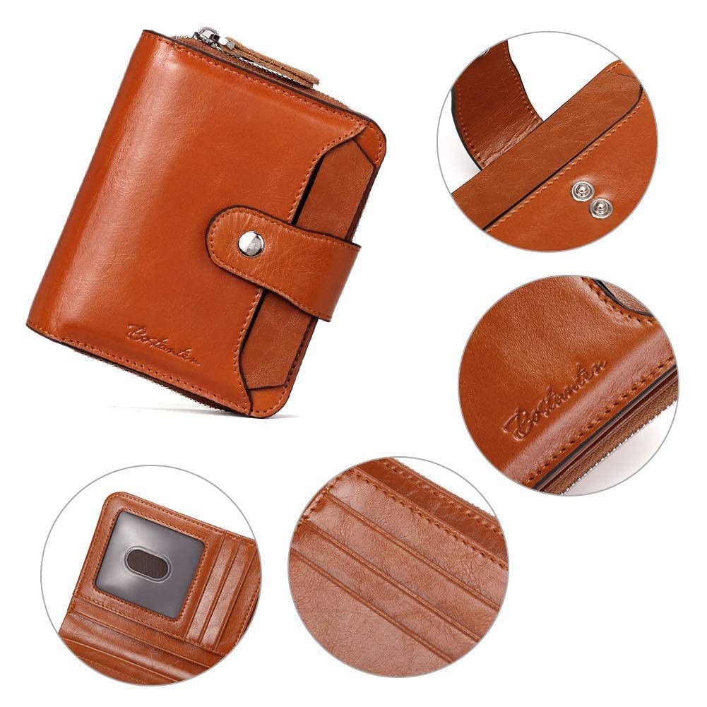 BOSTANTEN Women's Leather Designer Handbag Tote Purse Shoulder Bucket Bag with RFID Blocking Wallet Set - Black Handbag & Brown Bifold Wallet for Work, Travel, and Everyday Use