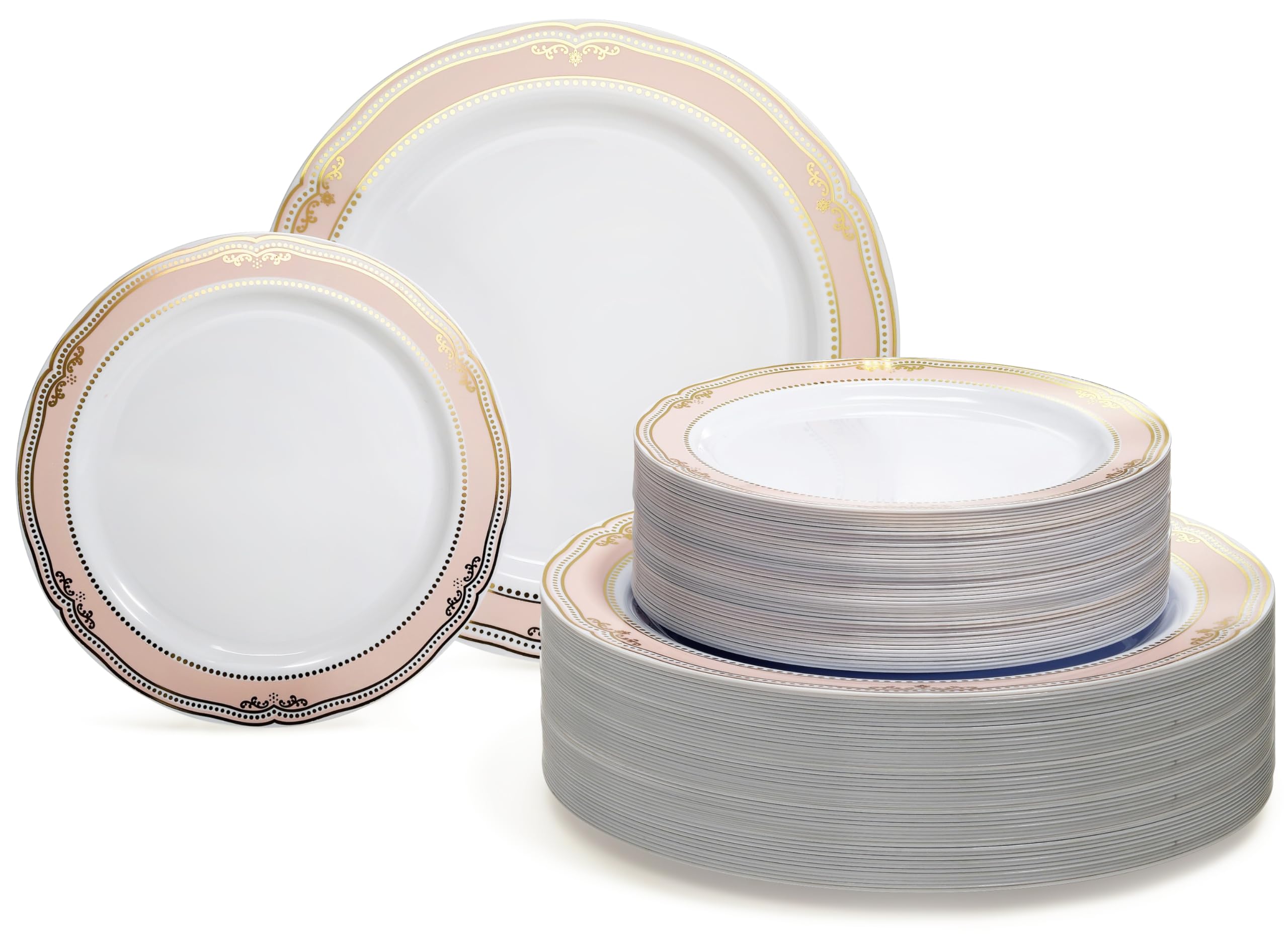 240-Pack Premium Disposable Plastic Plates for Weddings & Parties - 120 x 10.25'' Dinner Plates + 120 x 7.5'' Salad/Dessert Plates in Elegant White/Blush & Gold Scalloped Design - Perfect for Wedding Receptions, Bridal Showers, Birthday Parties & Catering Events
