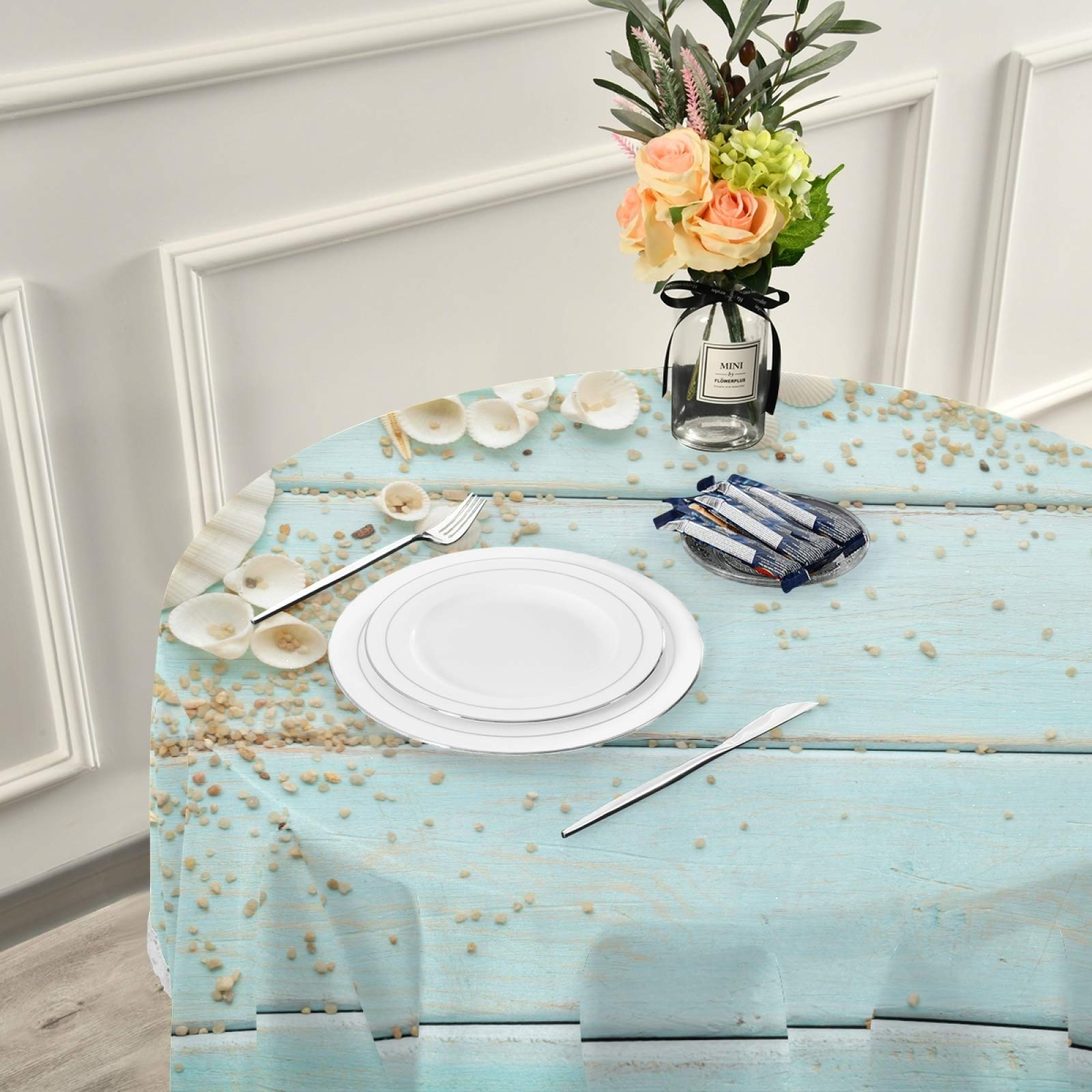 Turquoise Teal Round Seashell Starfish Wooden Tablecloth - 60 Inch Washable Polyester Ocean Beach Theme Table Cover for Kitchen, Dining, Party & Picnic Decor | Perfect for Coastal Home Decor, Beach Weddings, and Summer Entertaining