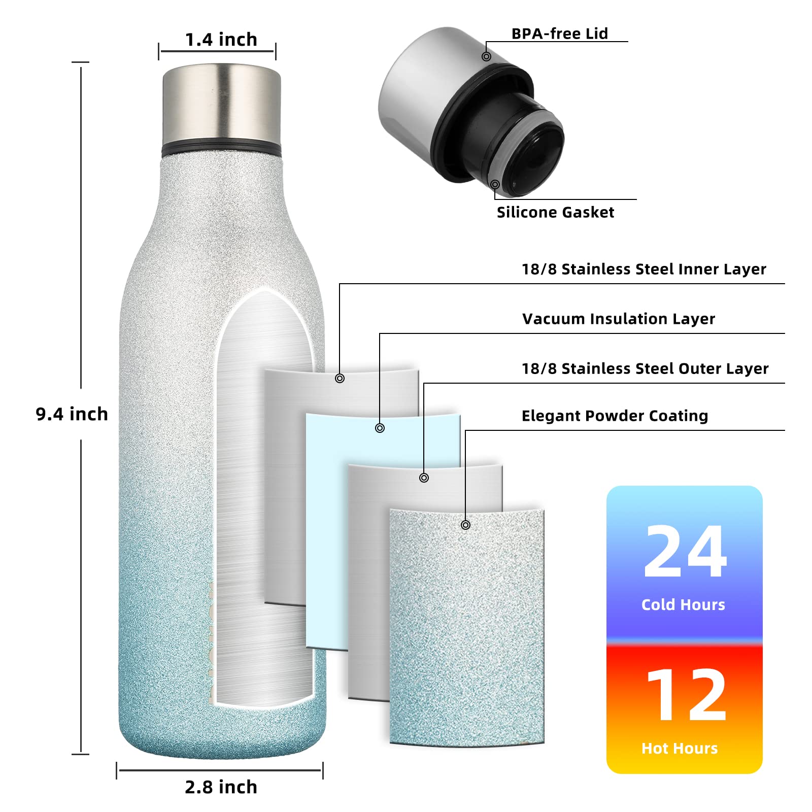 BJPKPK 18 oz Insulated Stainless Steel Water Bottle with Strap - BPA Free, Leak Proof Thermos for Sports, Gym, Hiking & Travel - Reusable Metal Water Bottle in Sparkling Silver Blue - Perfect for Outdoor Activities, Workouts & Daily Hydration