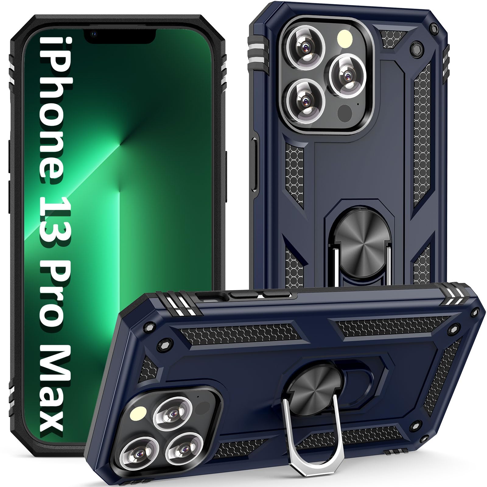 ADDIT Heavy Duty Military Grade iPhone 13 Pro Max Case with Stand Ring & Magnetic Car Mount - Shockproof Protective Phone Cover for iPhone 13 Pro Max (Blue) - Perfect for Outdoor Activities, Travel & Daily Use