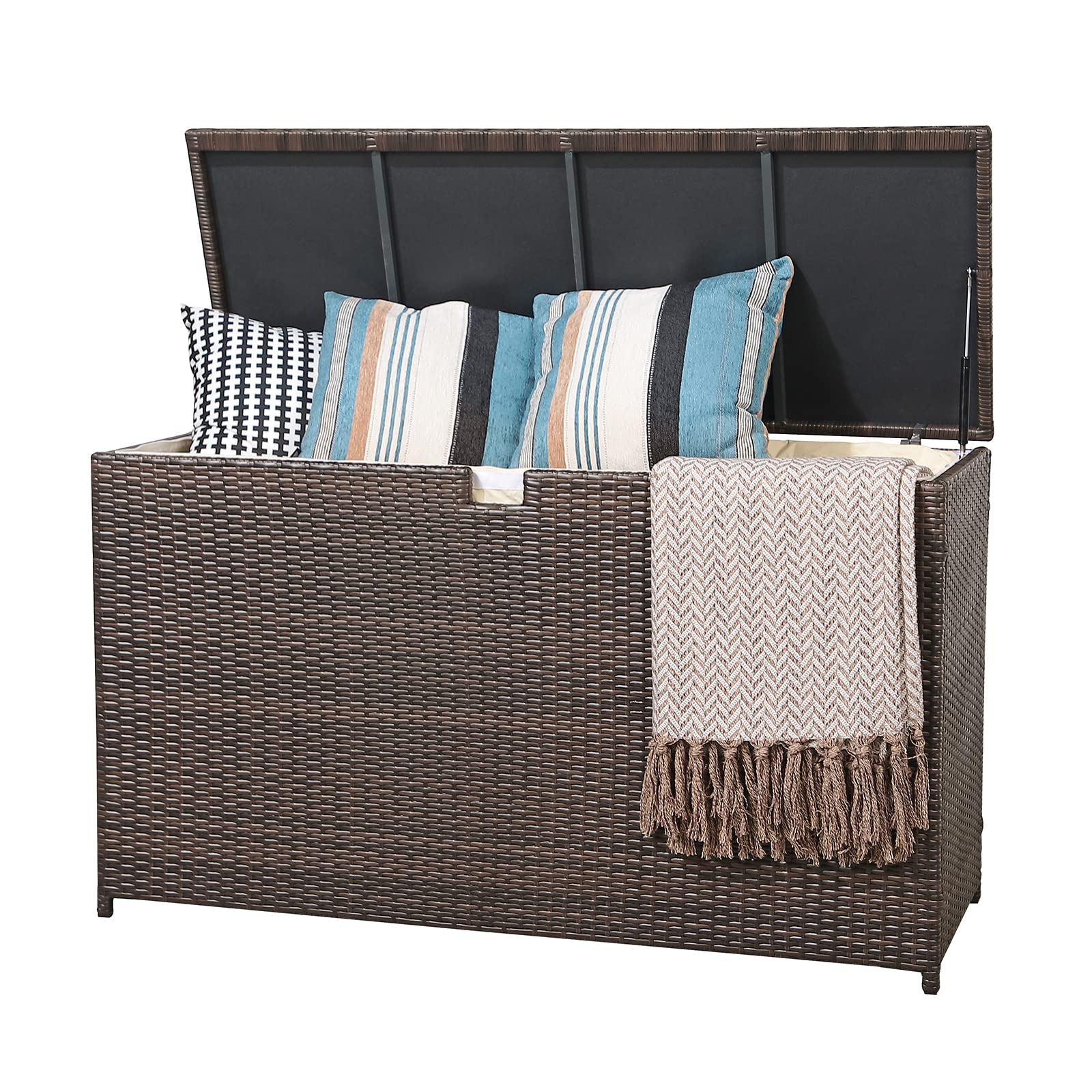 Outdoor Wicker Storage Box with Aluminum Frame - 120 Gallon Water-Resistant Patio Cushion & Pool Toy Organizer for Garden, Deck, and Backyard