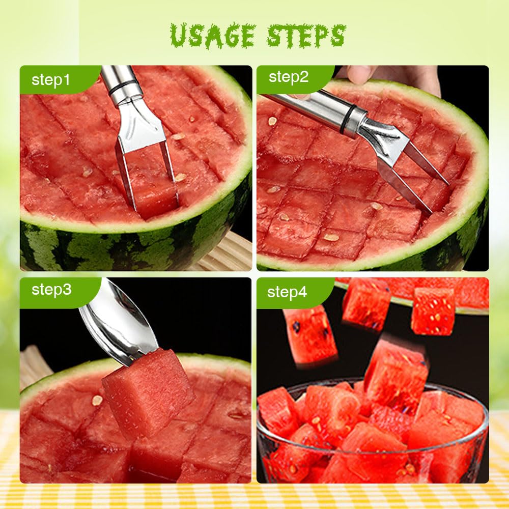2024 New 2-in-1 Stainless Steel Fruit Cutter - Dual Head Watermelon Slicer & Fork - Kitchen Tool for Home, Camping & Picnics - Perfect for Summer Fruits Like Melons, Pineapples & Mangoes (Silver)