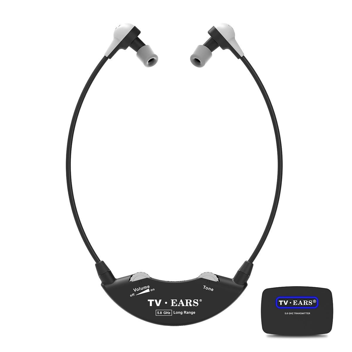 TV Ears Long Range Digital Wireless Headset System - 5.8GHz RF Transmitter Headphones for TV with Hearing Assistance, Compatible with All Television Brands (1 Pair) - Perfect for Seniors & Hearing Impaired at Home, Watching Movies, or Late-Night Viewing