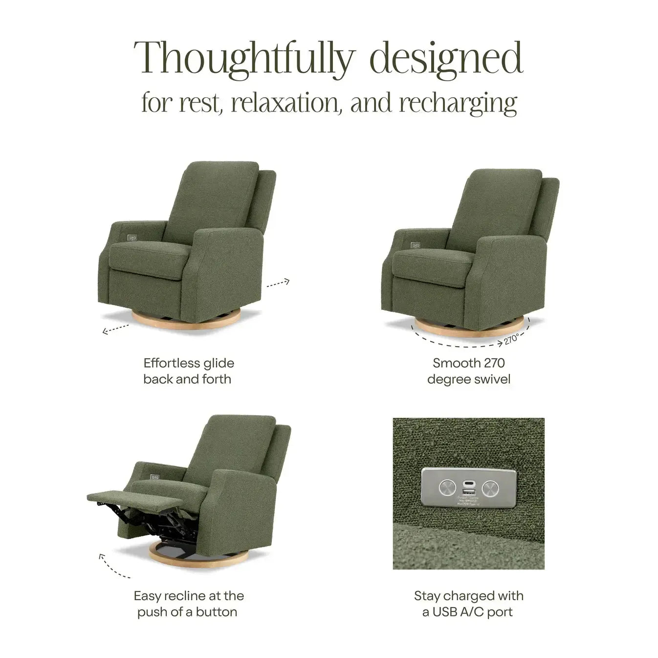 Namesake Crewe Electric Recliner & Swivel Glider Chair - Olive Boucle Fabric with Wood Base | Modern Living Room Furniture for Relaxing & Entertaining