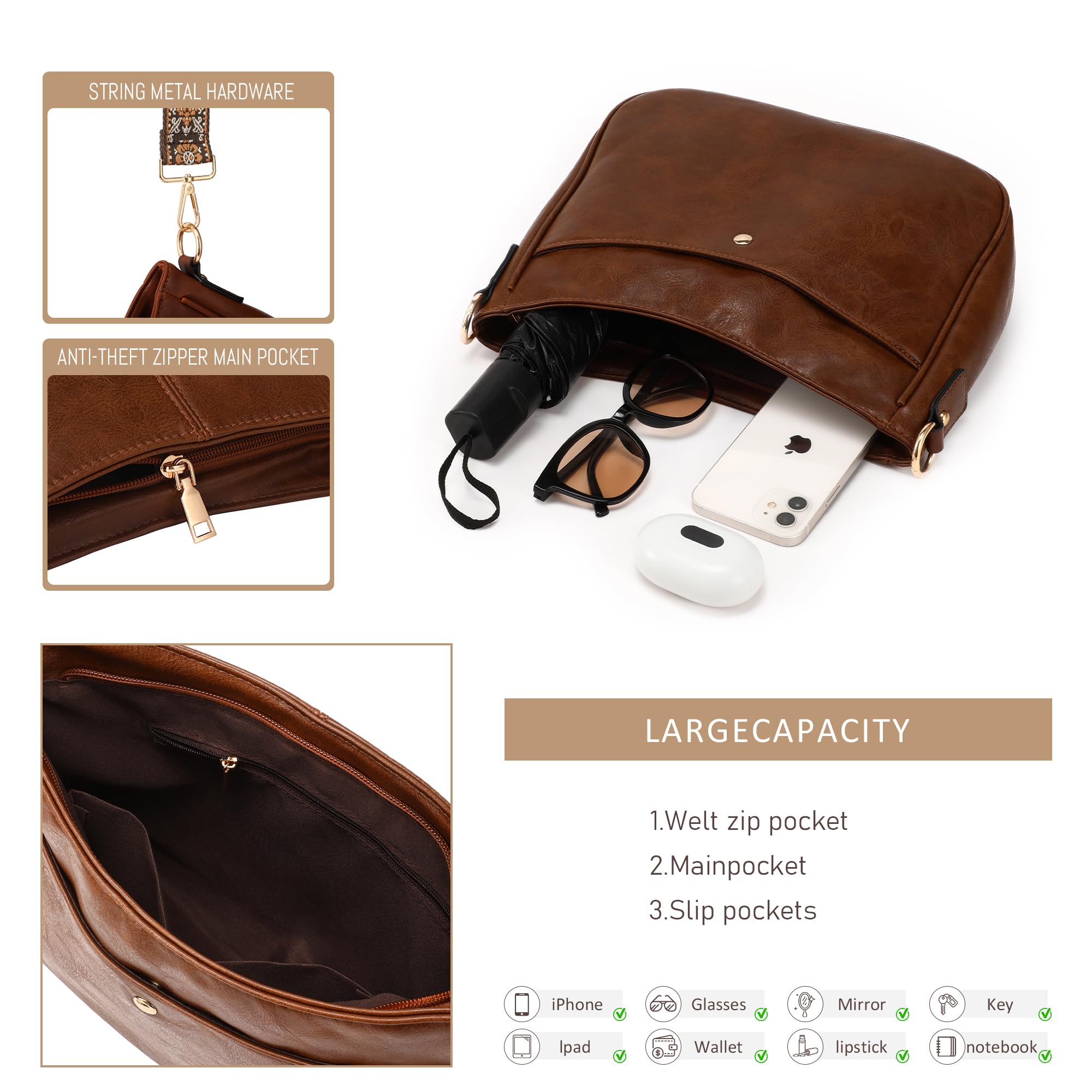 Stylish Women's Leather Hobo Crossbody Bag with Zipper & Adjustable Strap - Perfect for Work, Travel & Everyday Use